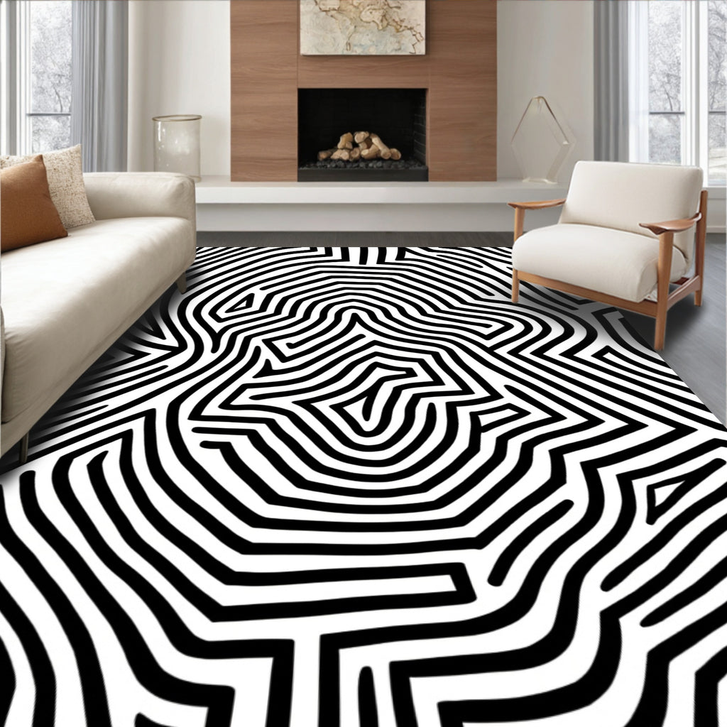 Bold Black White Abstract Maze Rug