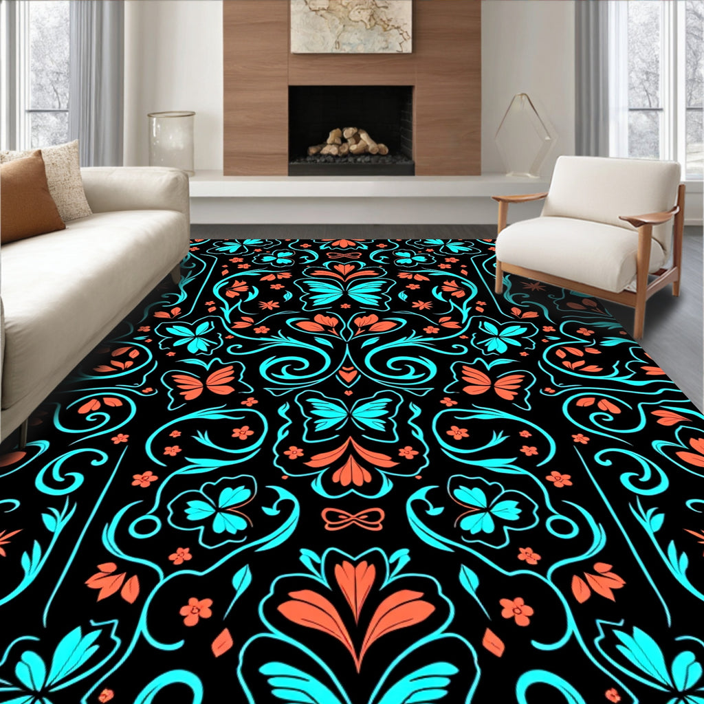 Coral Teal Butterfly Floral Pattern Rug