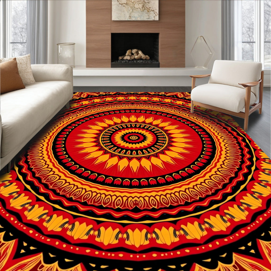 Vibrant Red Orange Sun Mandala Pattern Rug
