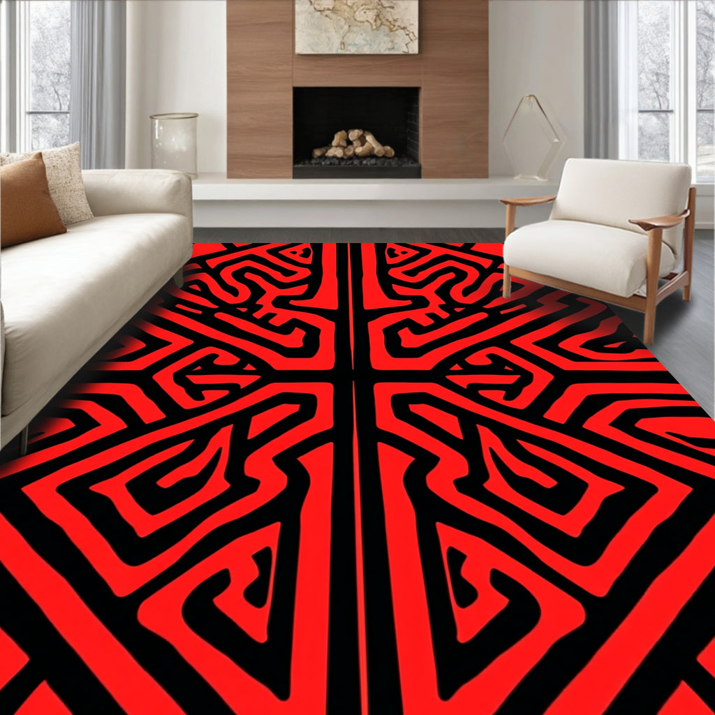 Bold Red Black Maze Pattern Rug