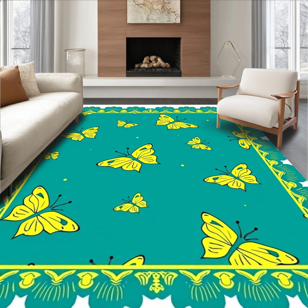 Vibrant Yellow Butterflies Teal Border Rug
