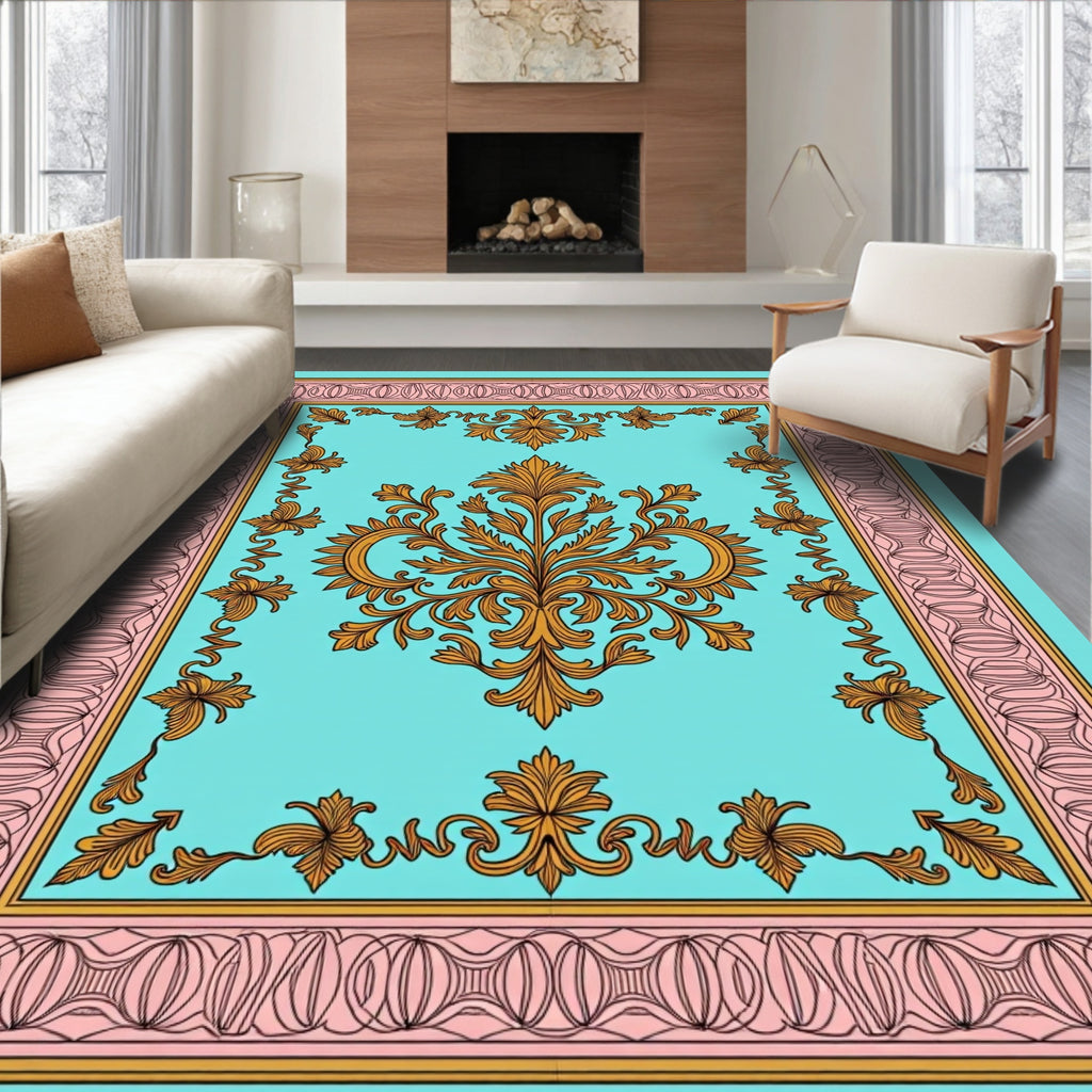 Aqua Golden Floral Border Rug