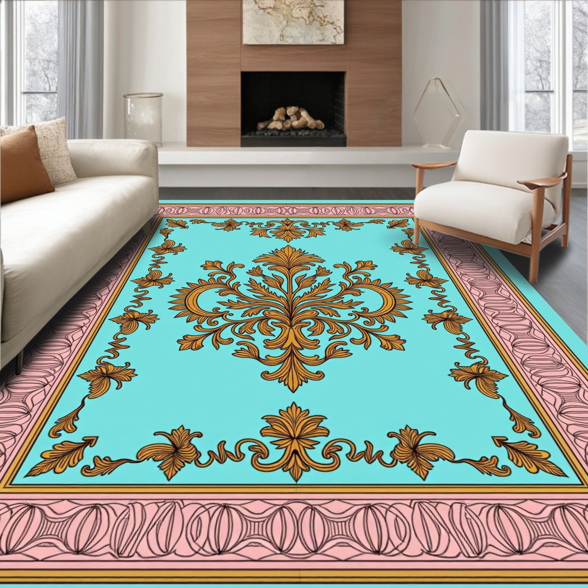 Aqua Golden Floral Border Rug