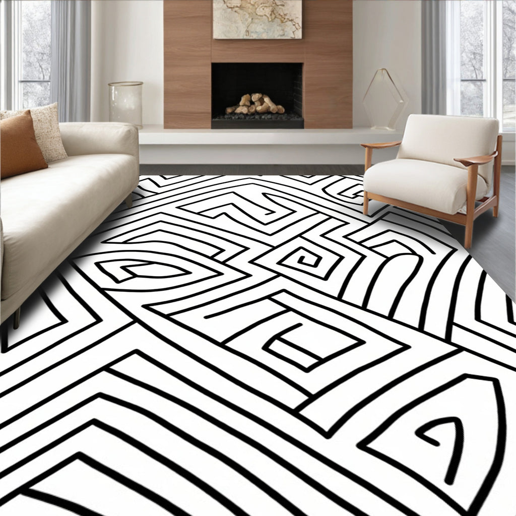 Abstract Black White Maze Design Rug
