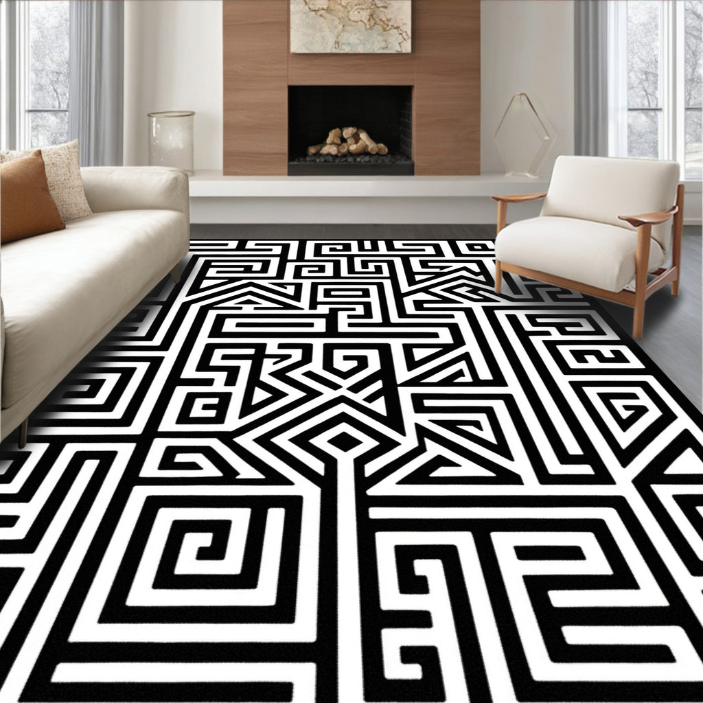 Bold Black White Abstract Maze Design Rug