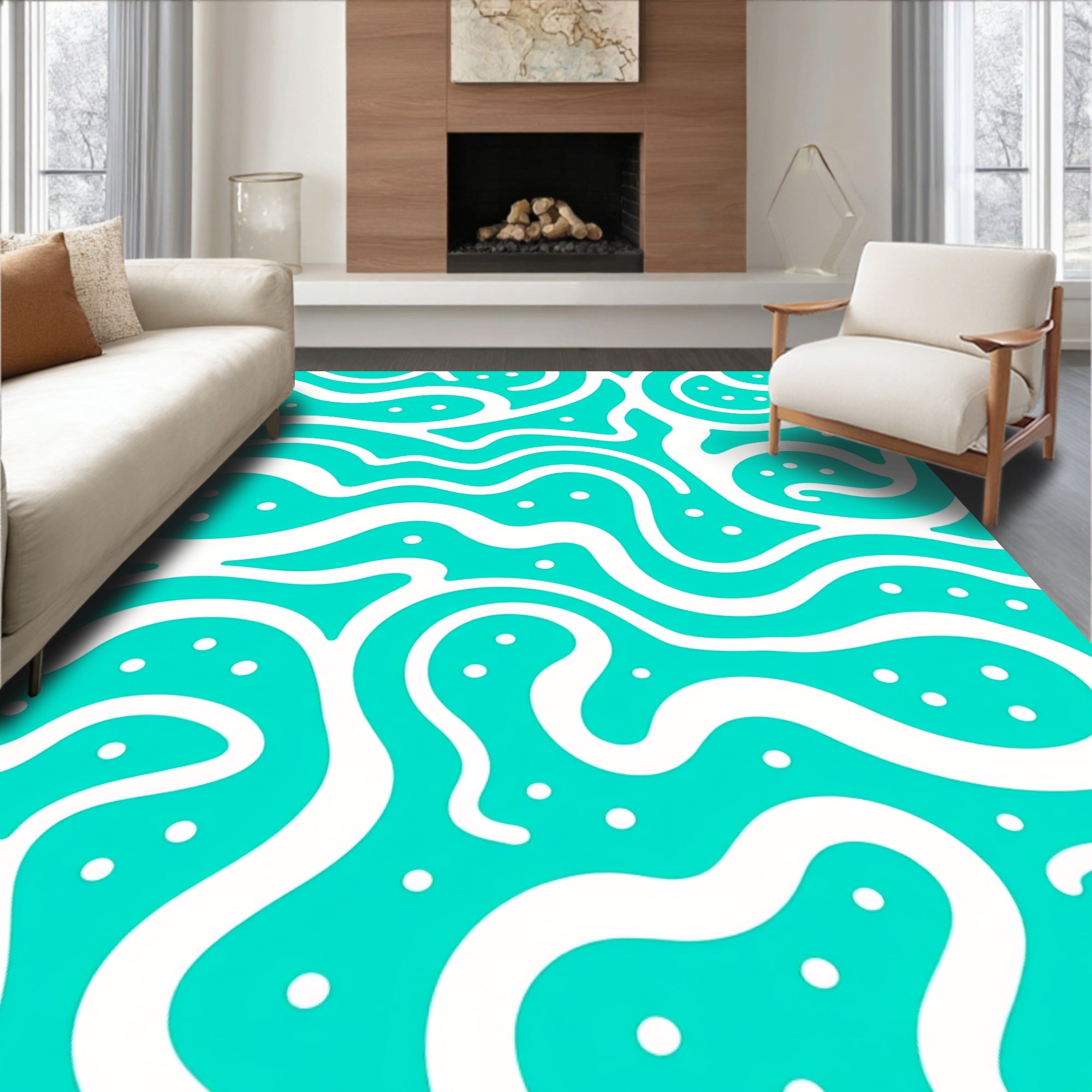 Aqua White Curvy Abstract Pattern Rug