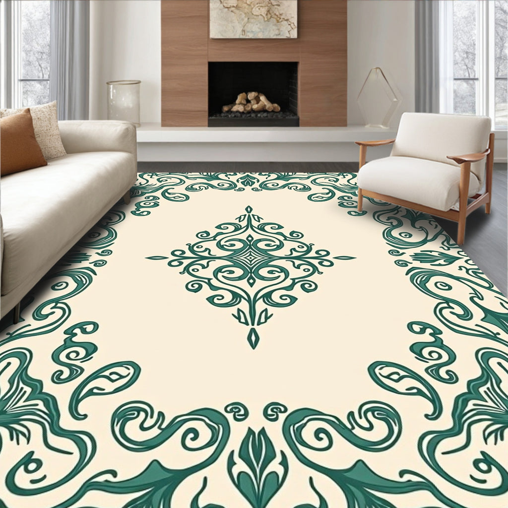 Elegant Teal Floral Scroll Pattern Rug