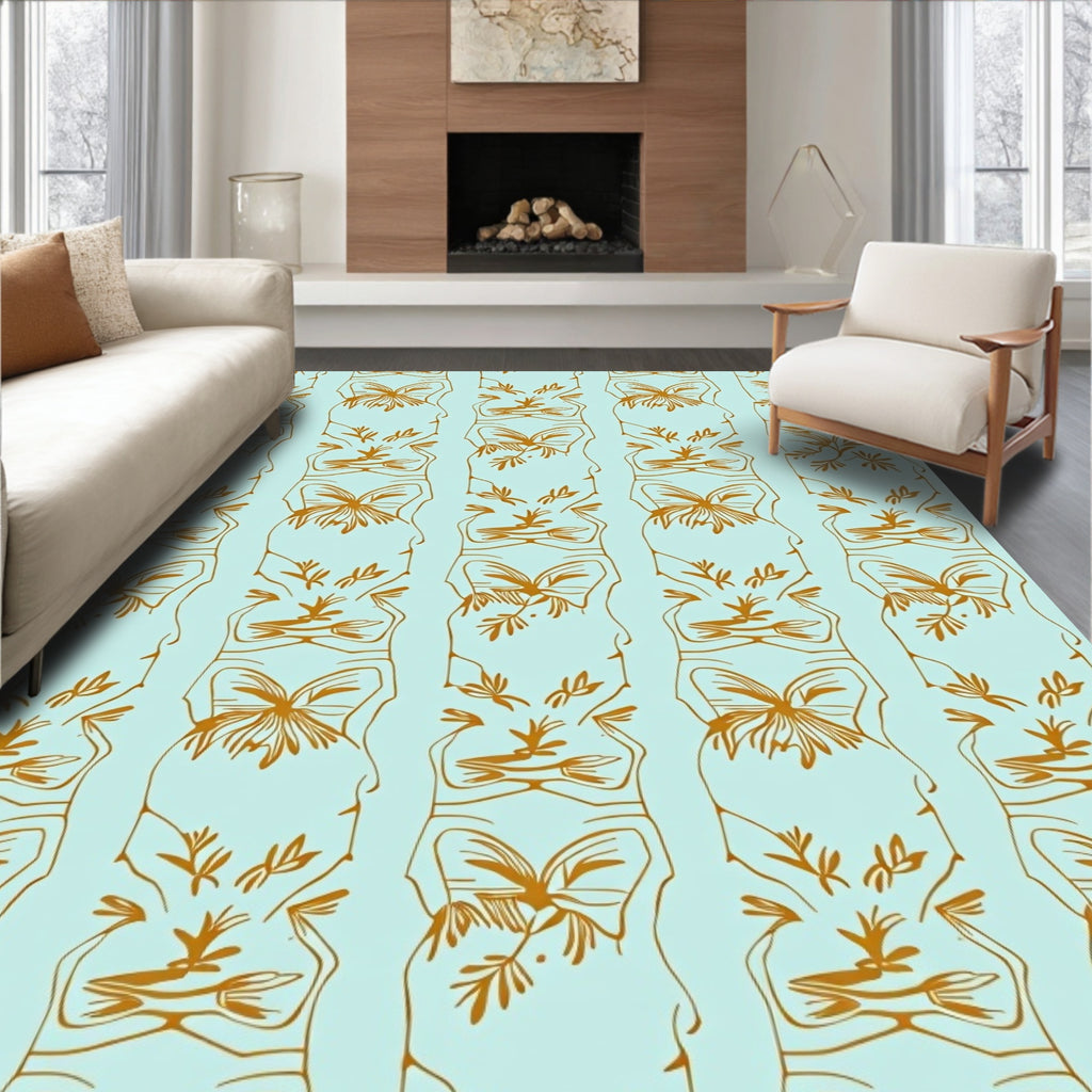 Elegant Gold Floral Vertical Stripe Design Rug