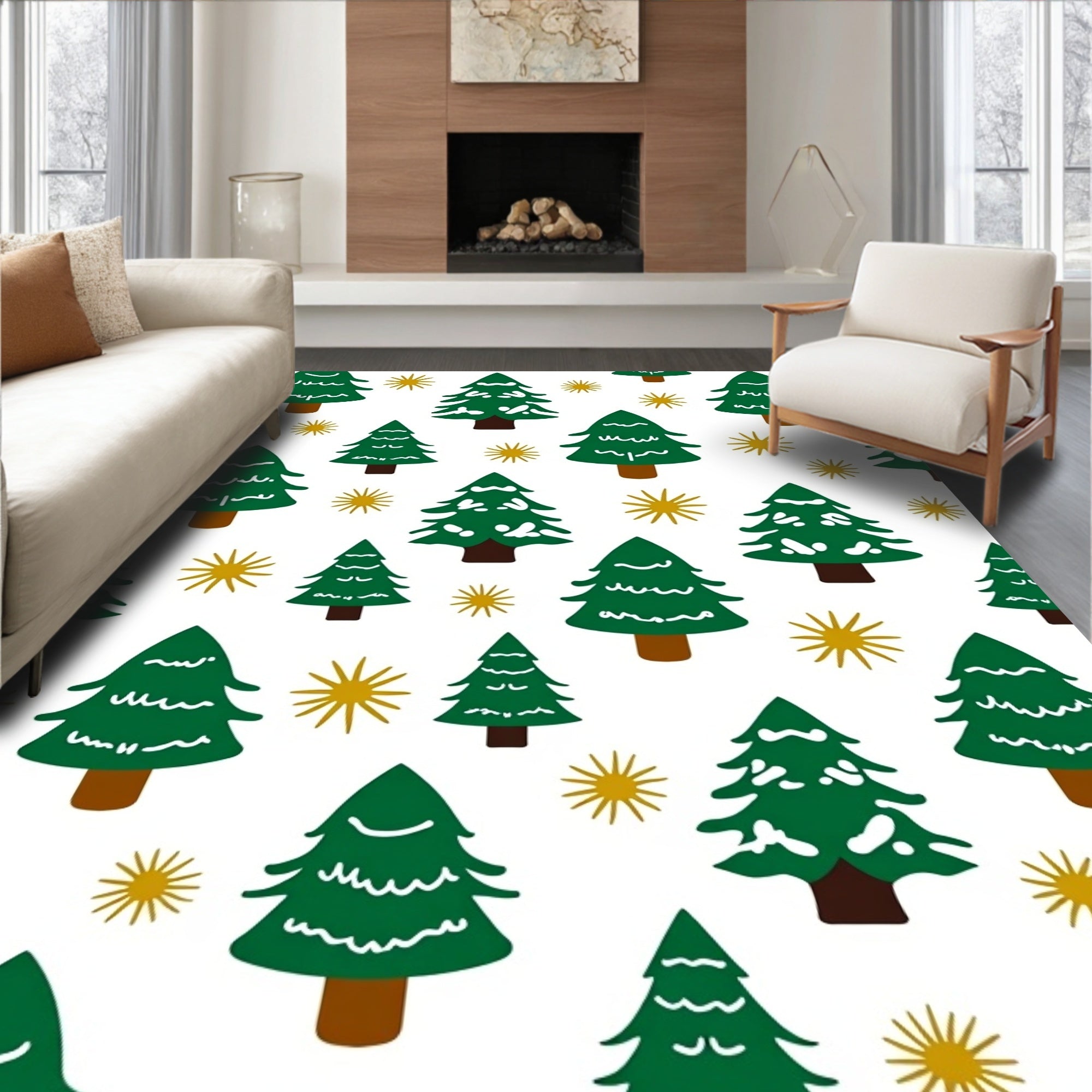 Green Pine Trees Festive Gold Stars Rug