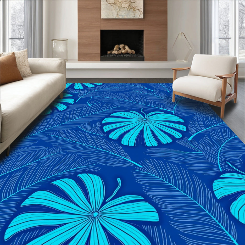 Tropical Leaf Pattern with Blue Tones Rug