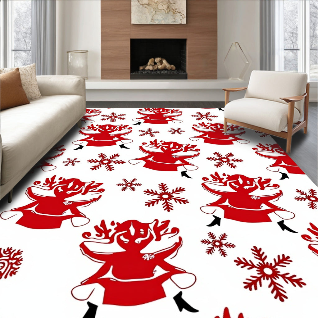 Red Christmas Reindeer Snowflakes Rug