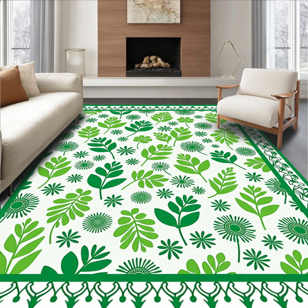 Green Leafy Floral Bordered Rug