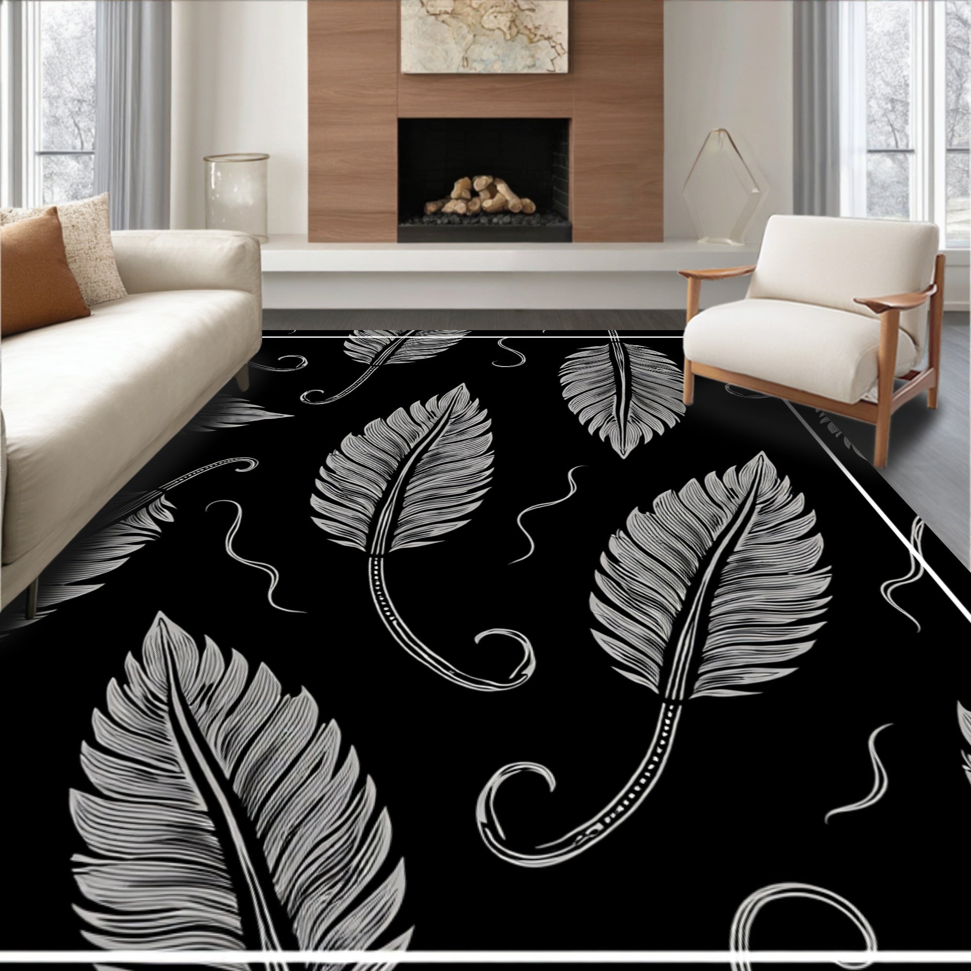 Black White Feather Pattern Design Rug