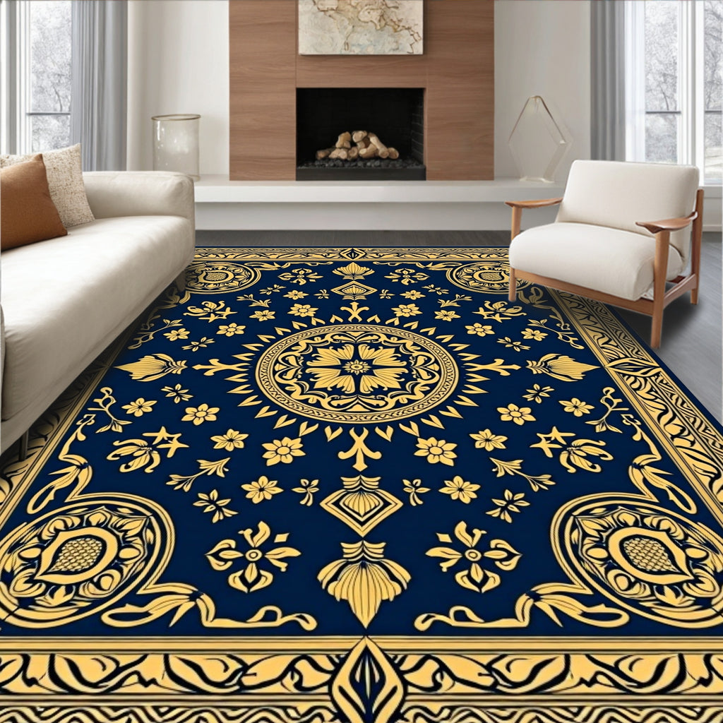 Ornate Gold Floral Blue Medallion Rug
