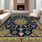Ornate Gold Floral Blue Medallion Rug