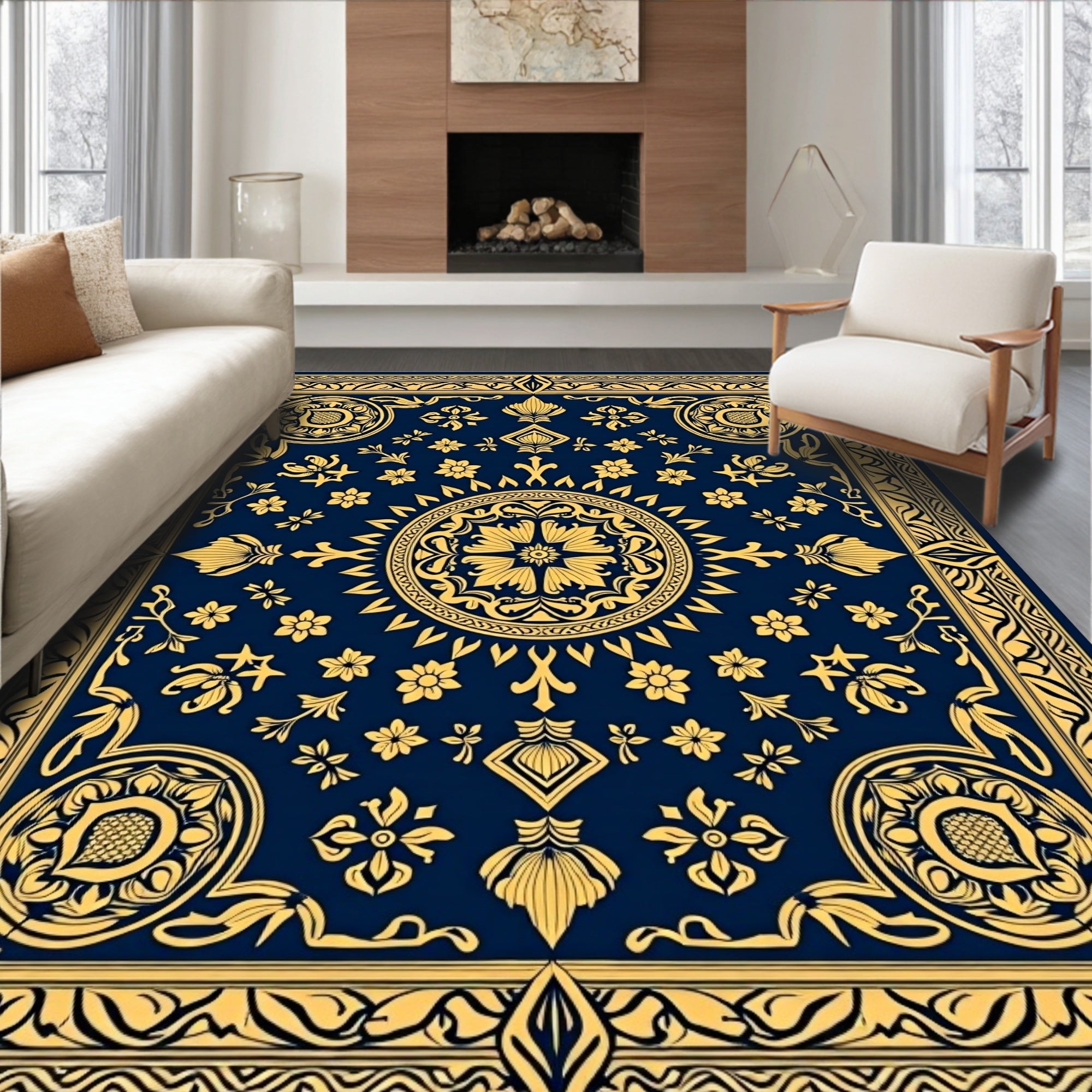 Ornate Gold Floral Blue Medallion Rug