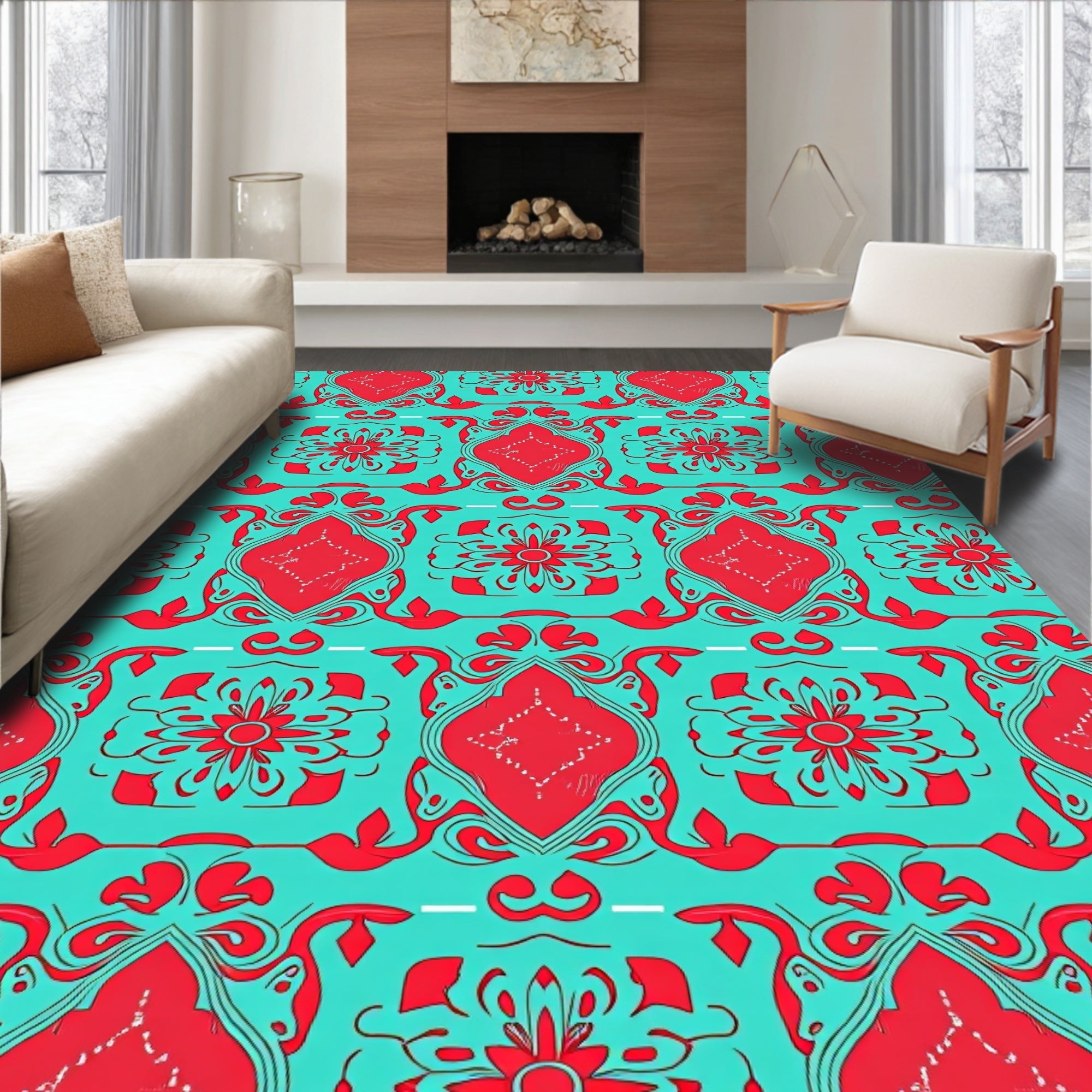 Classic Red and Teal Floral Overlay Rug
