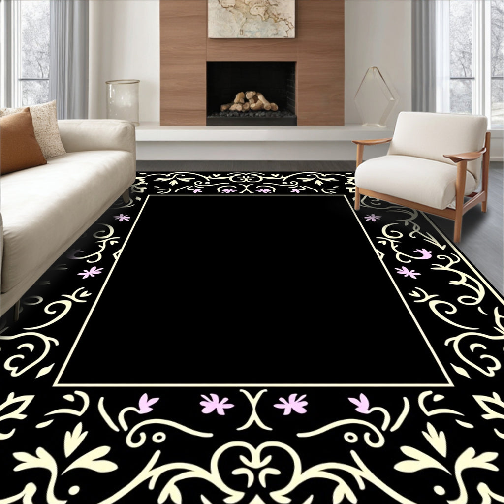 Black Floral With Pink Flower Accents Rug