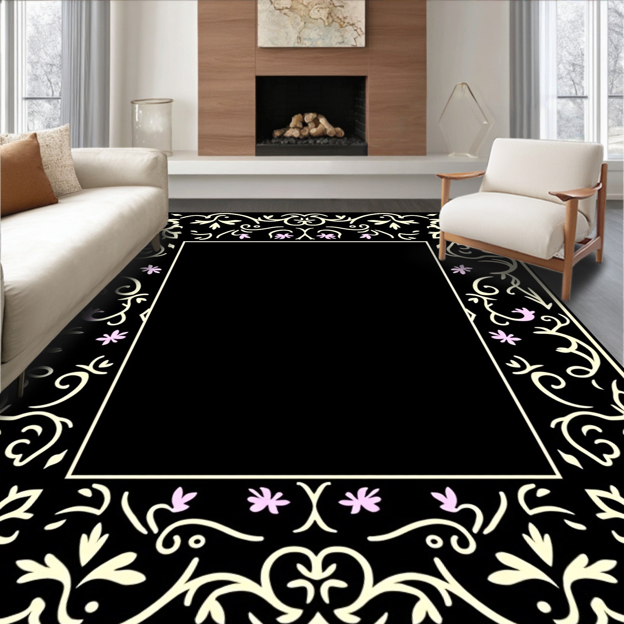 Black Floral With Pink Flower Accents Rug