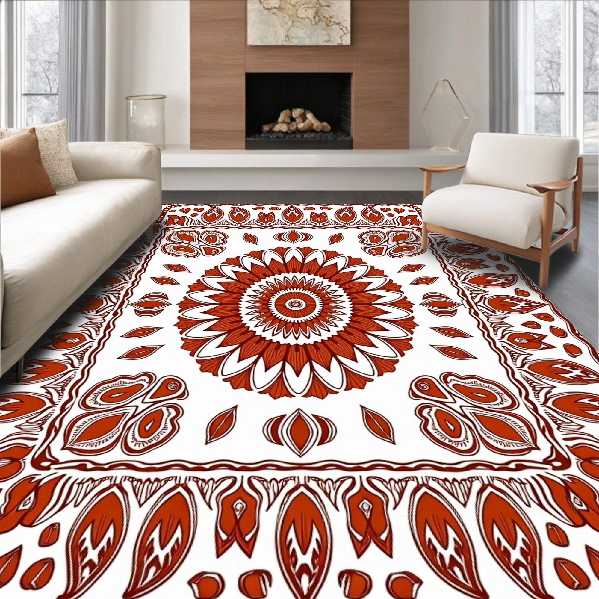 Terracotta Medallion Bordered Mandala Rug