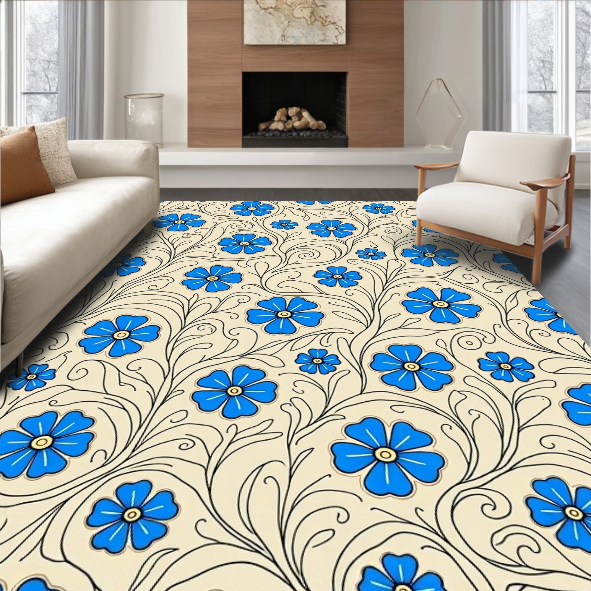 Blue Floral Swirls Patterned Rug