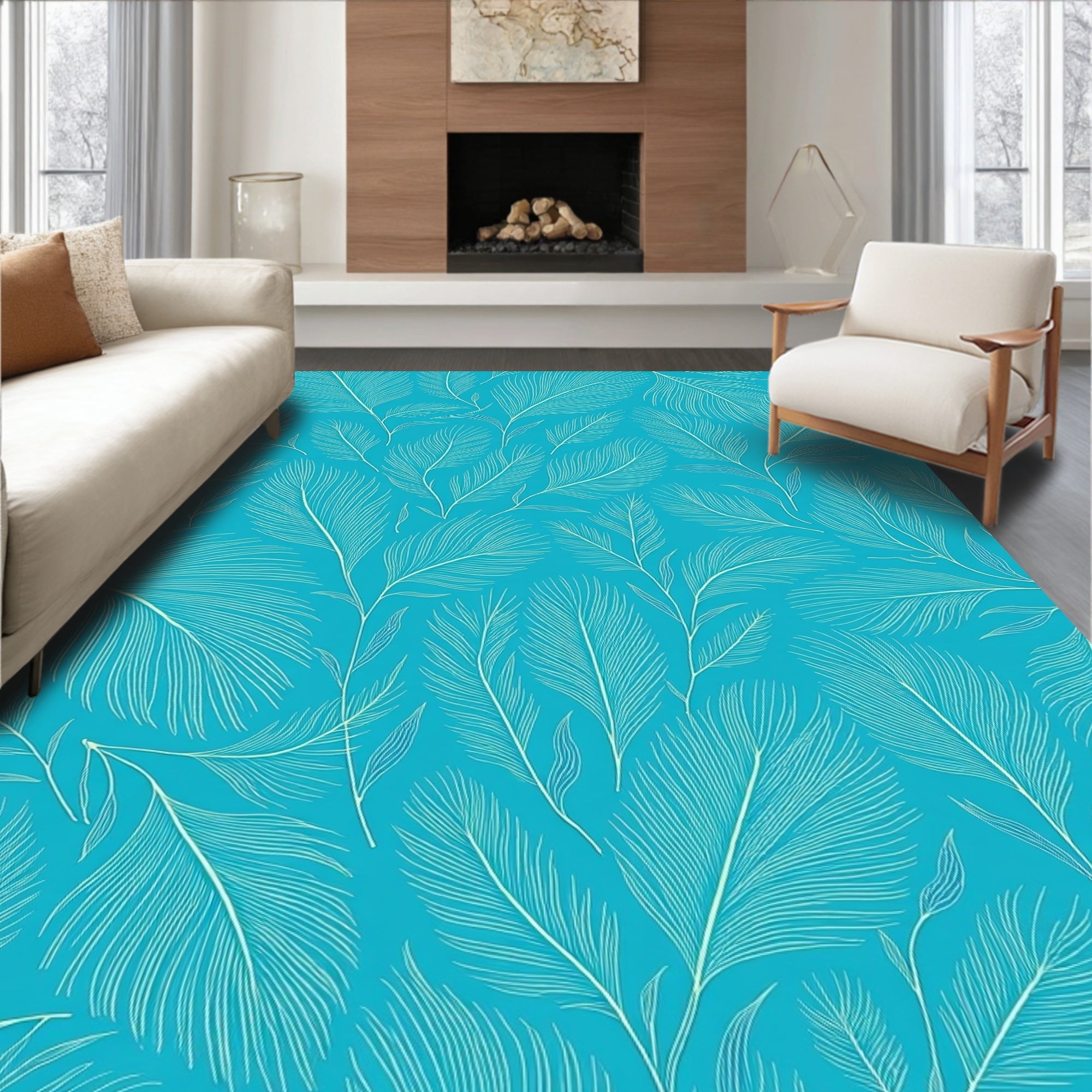 Teal Feather Pattern Rug Design Rug