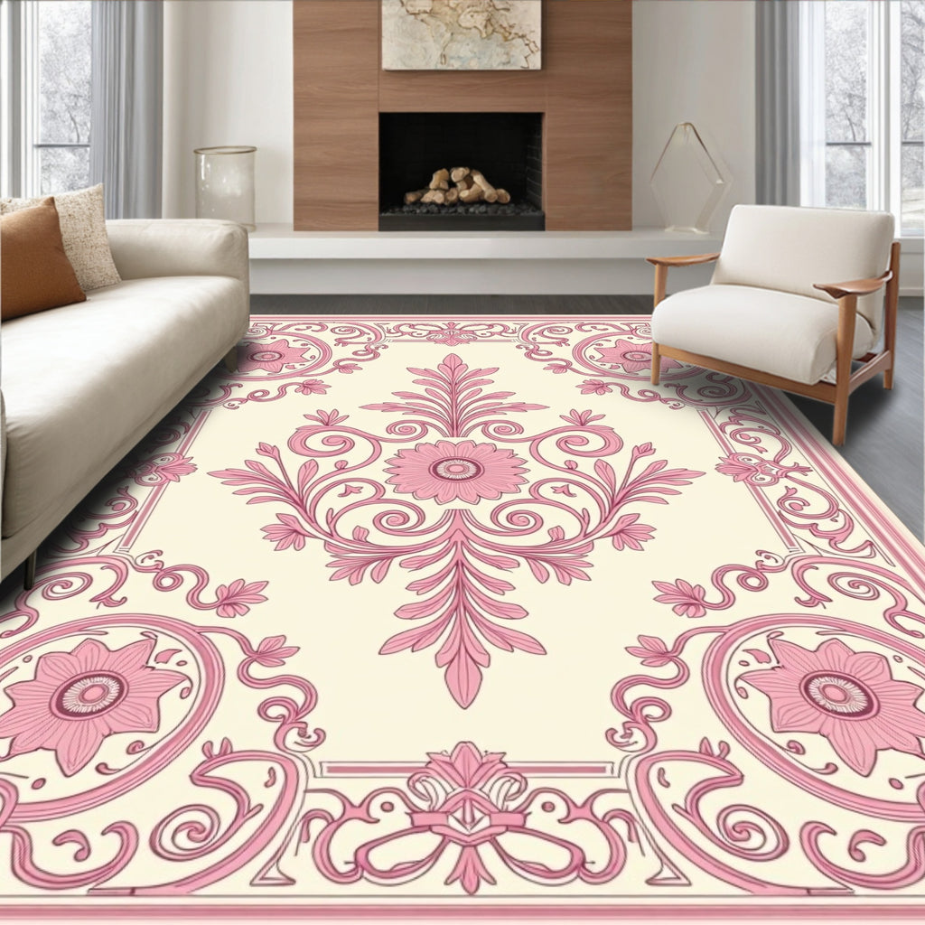 Ornate Floral Scrollwork Pink Pattern Rug