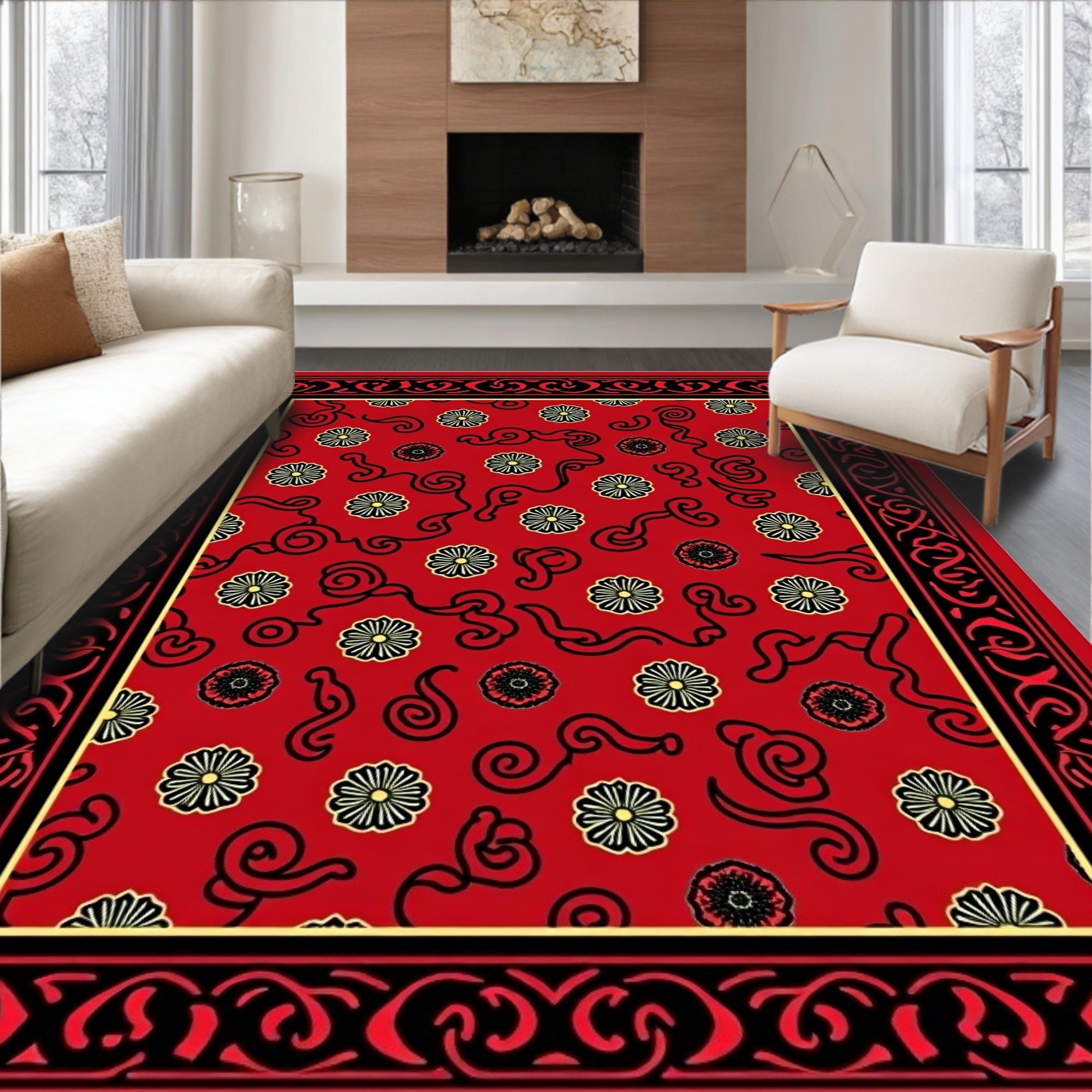 Red Black Floral Scroll Patterned Rug