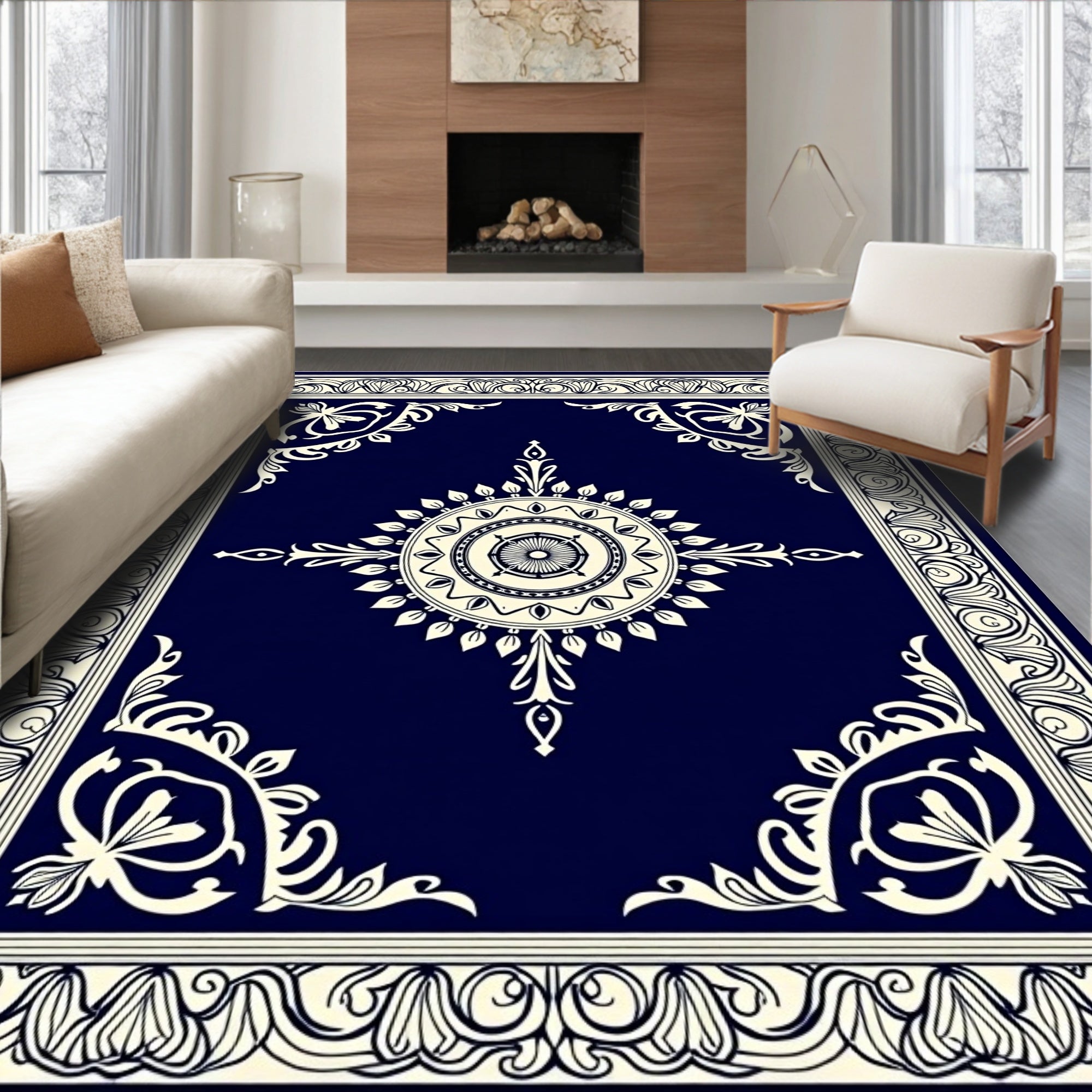 Ornate Dark Blue Floral Medallion Rug