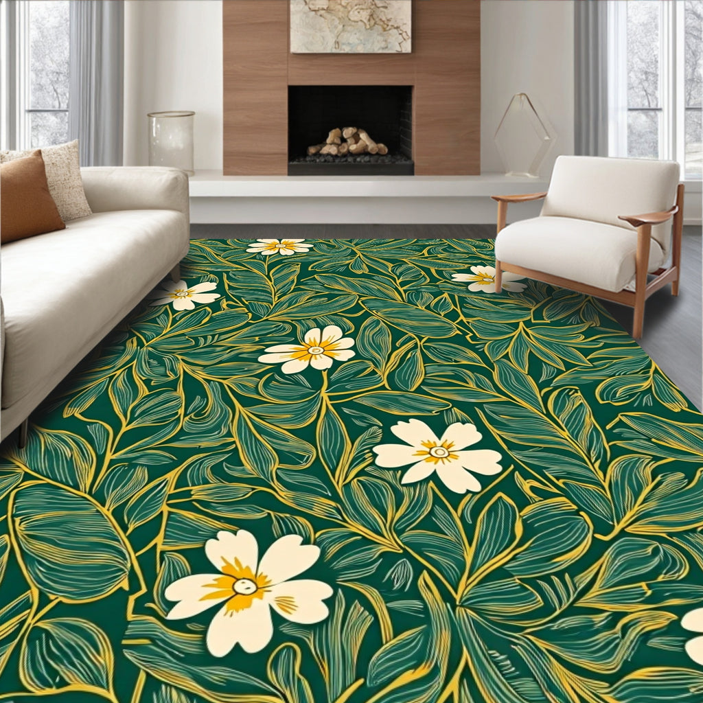 Botanical Floral Emerald Leaf Pattern Rug