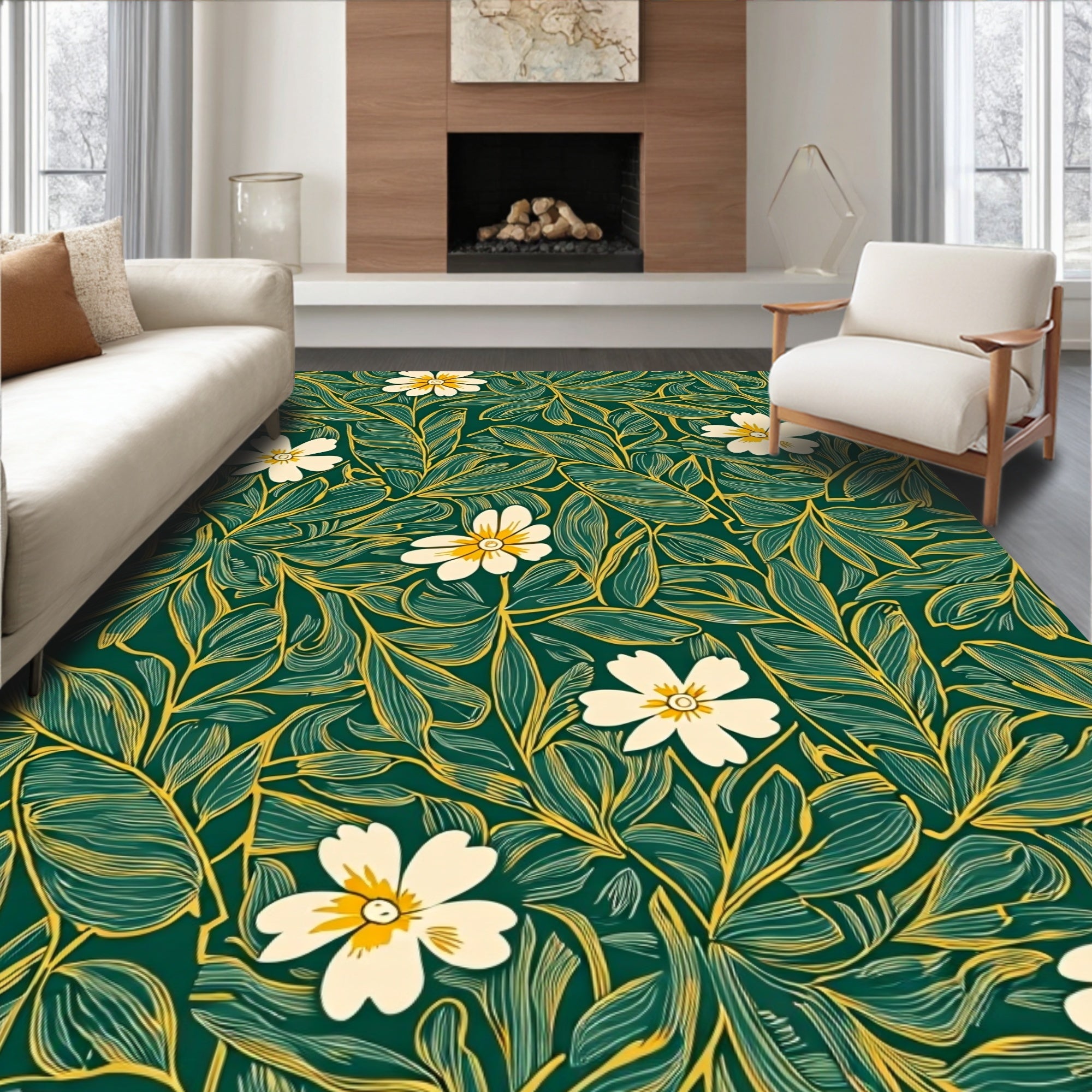 Botanical Floral Emerald Leaf Pattern Rug