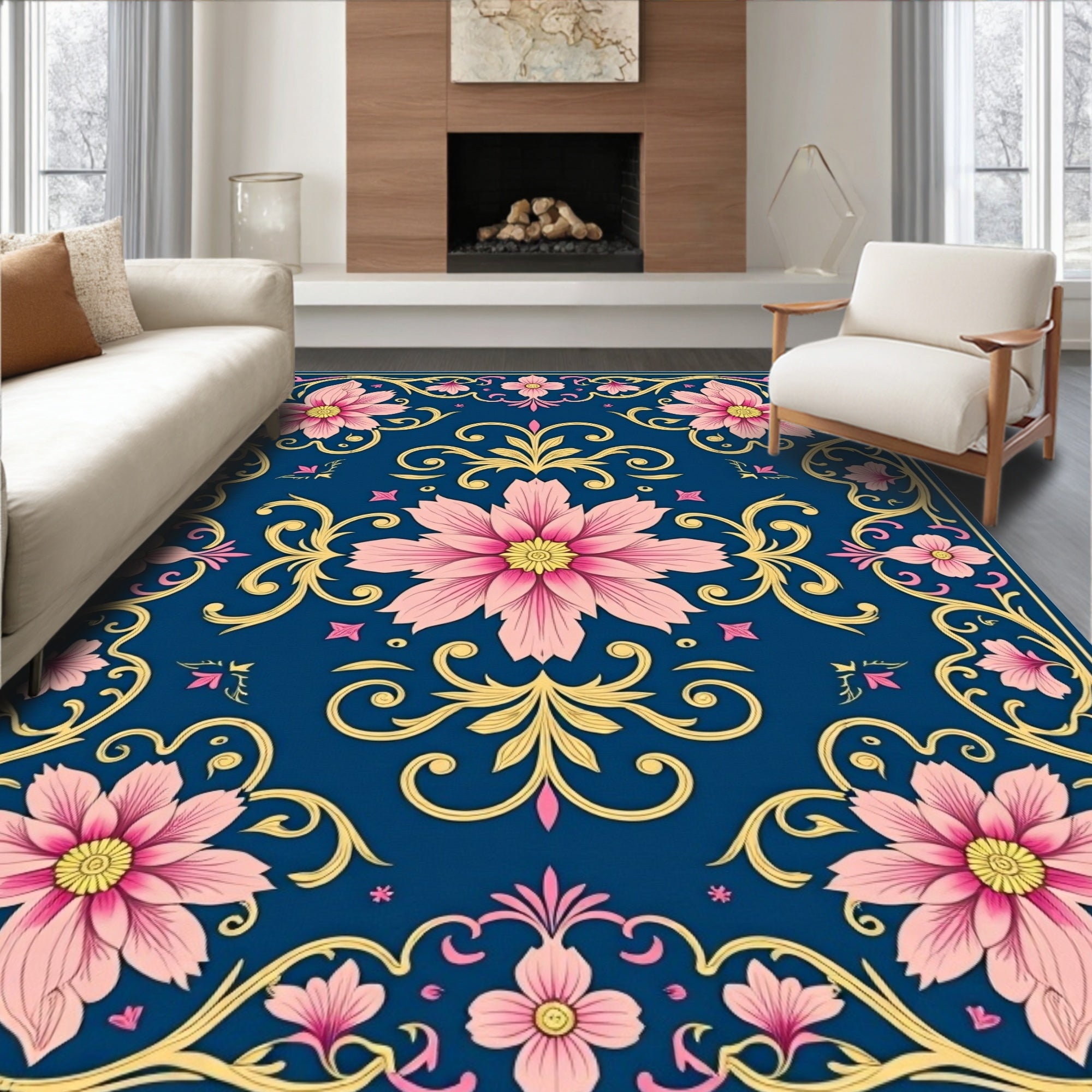 Pink Floral Medallion Blue Gold Rug