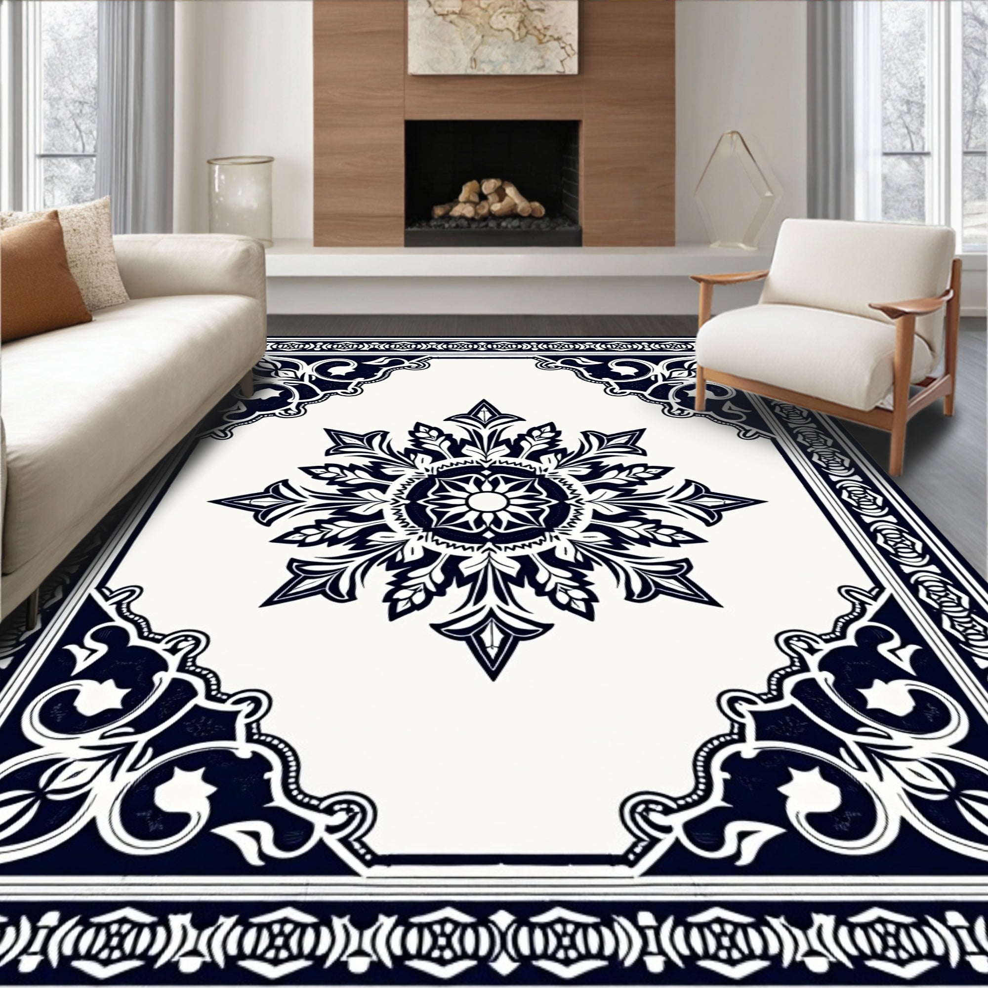 Ornate Floral Medallion Border Design Rug