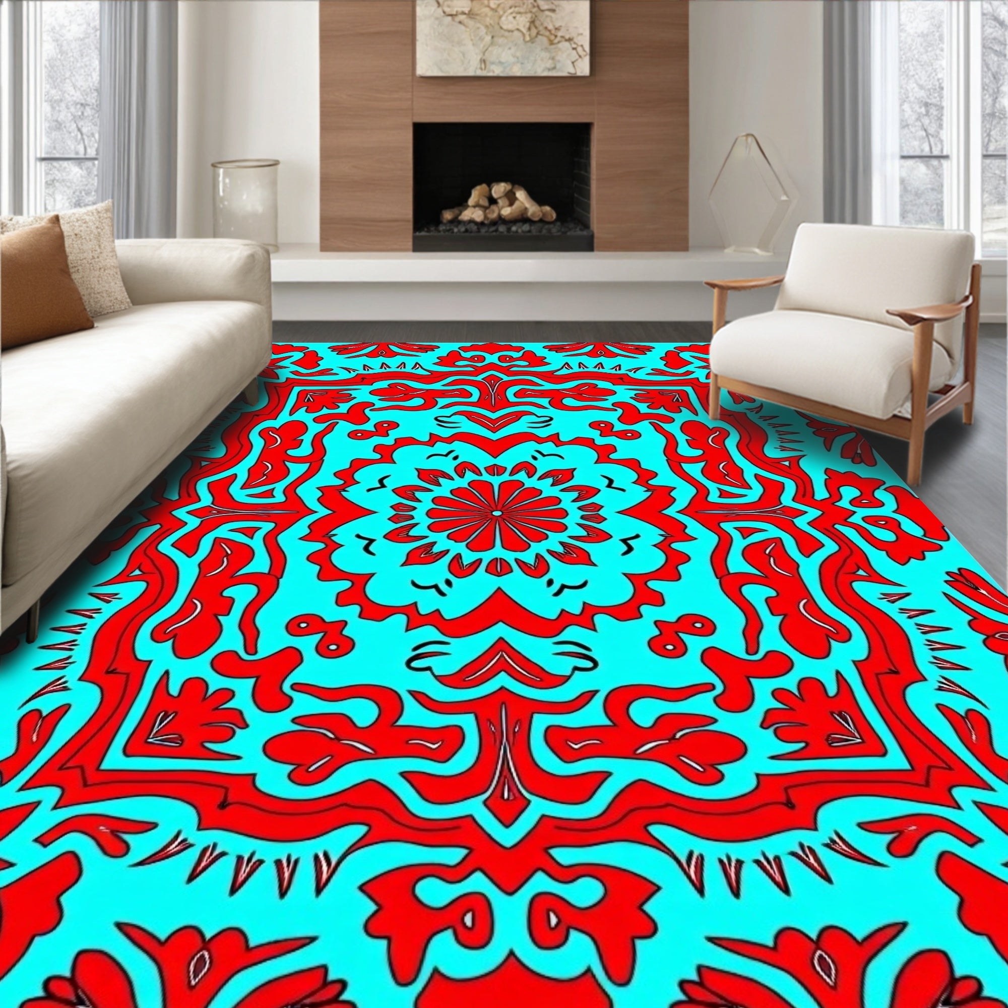 Bold Red Floral Mandala Pattern Rug
