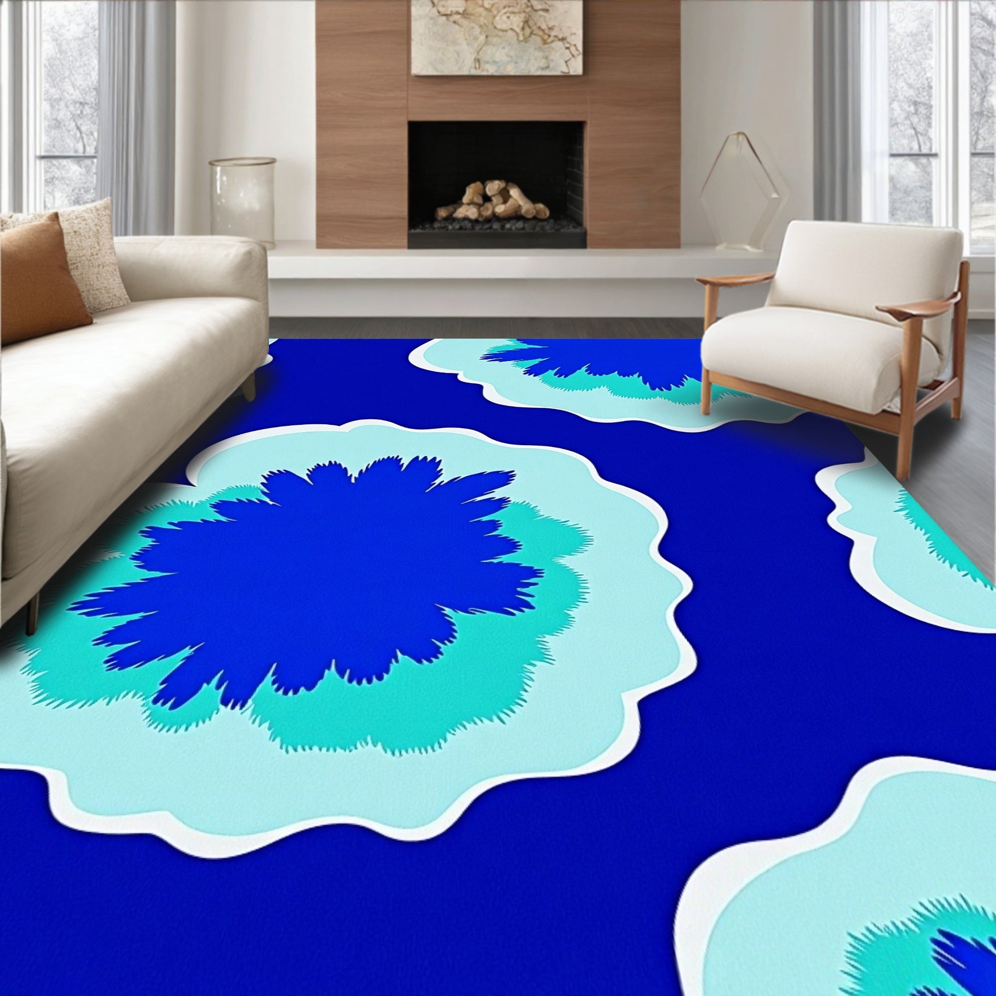 Abstract Blue Teal Floral Burst Rug