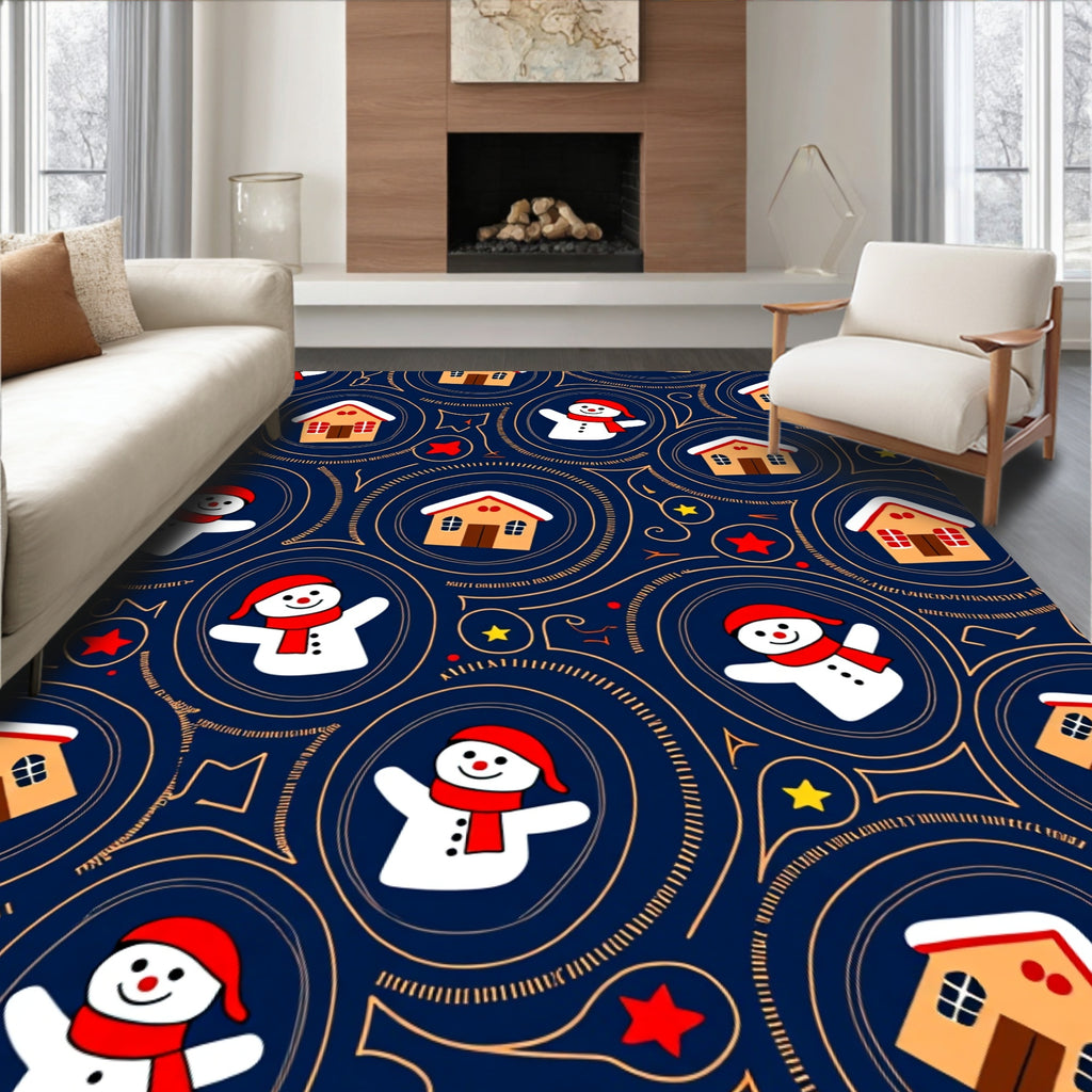Whimsical Snowman Houses Navy Rug