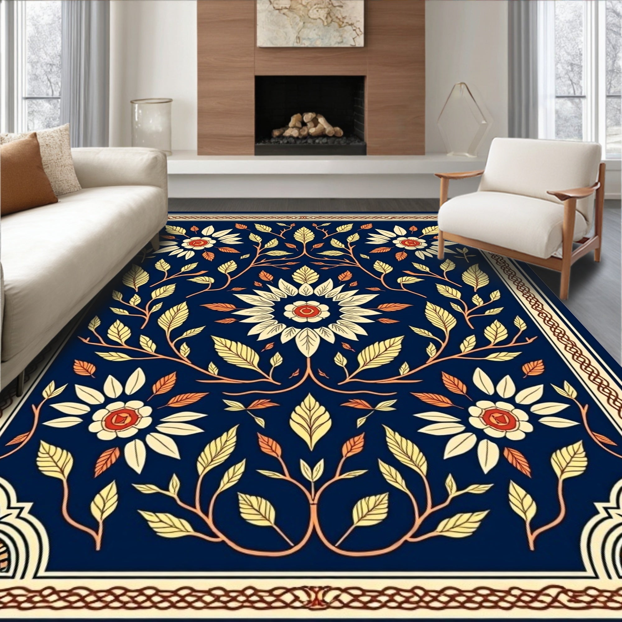 Deep Blue Floral Vine Medallion Rug