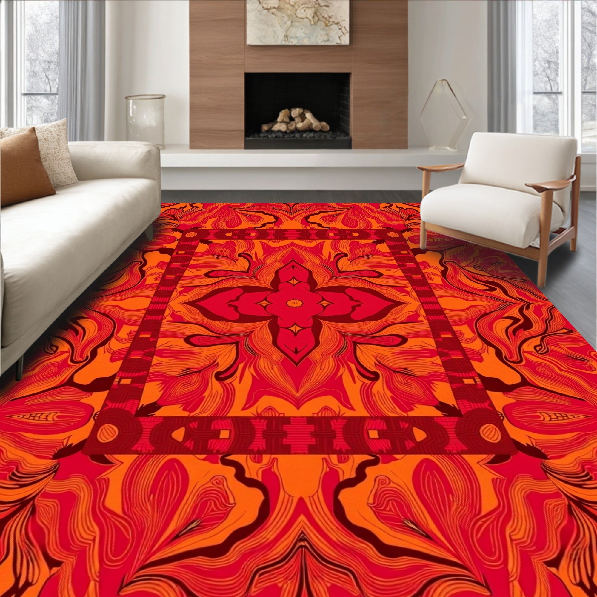 Vibrant Orange Red Floral Mandala Rug