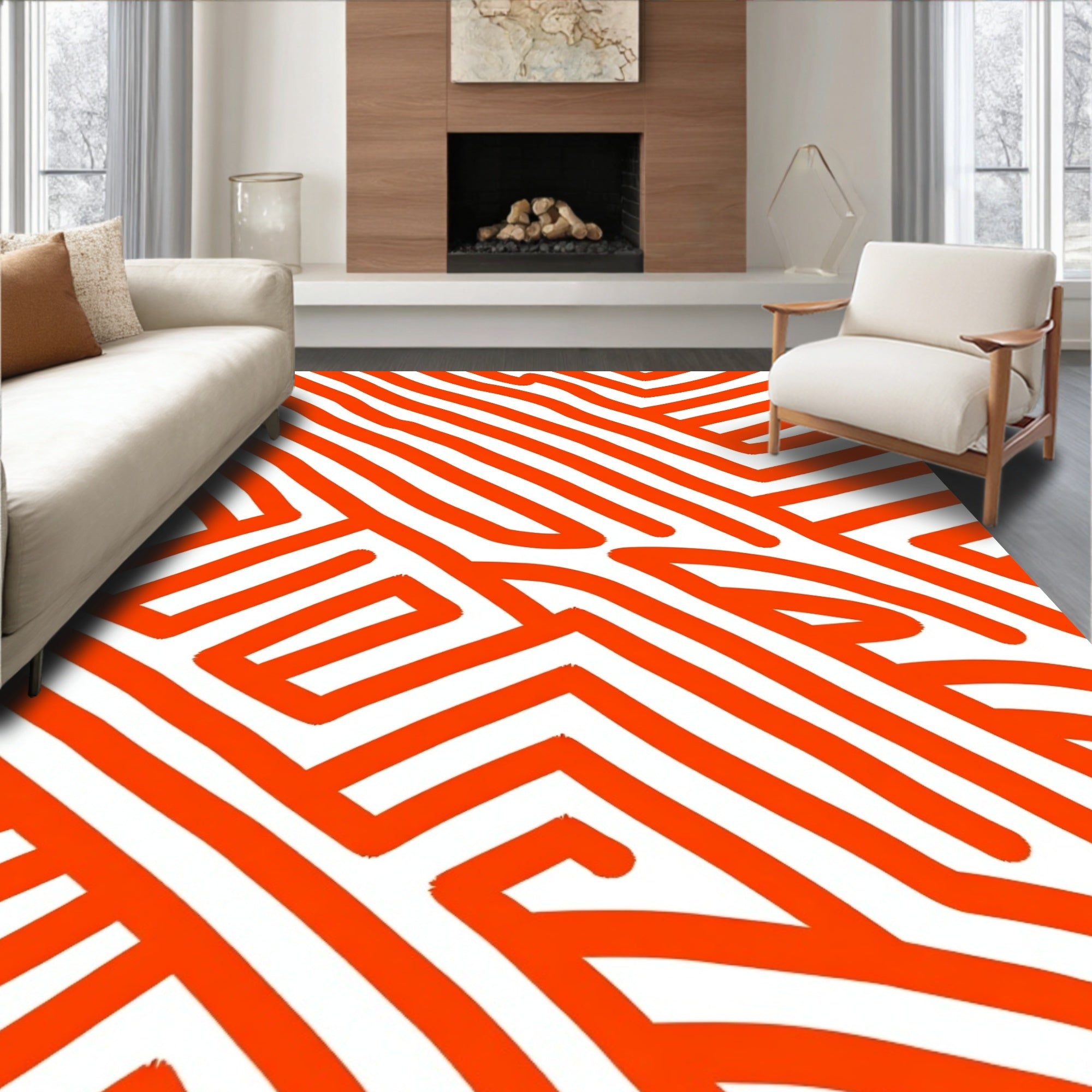 Bold Orange Geometric Maze Rug