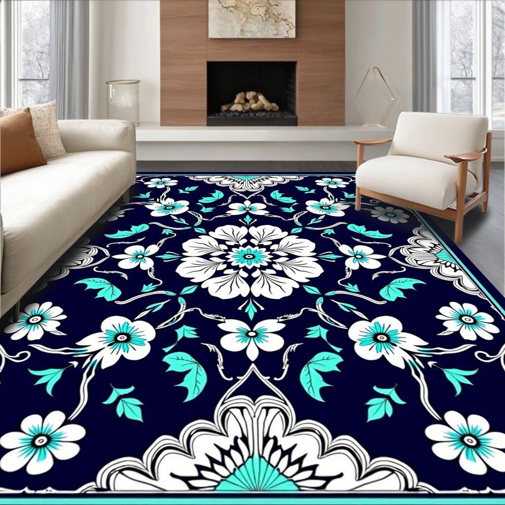 Navy Teal Floral Patterned Area Rug