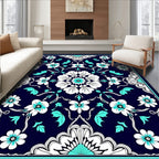 Navy Teal Floral Patterned Area Rug