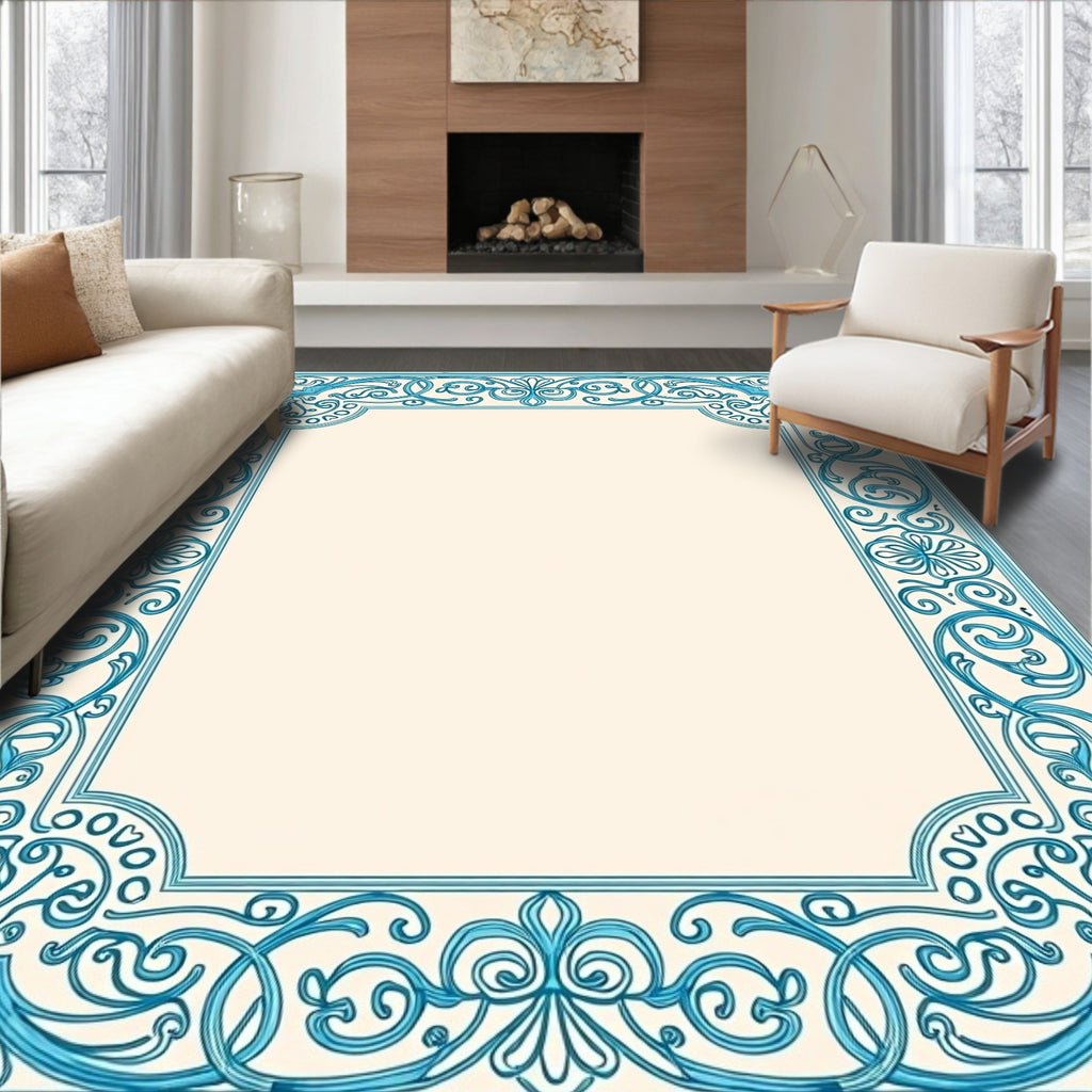 Classic Blue Scroll Frame Pattern Rug