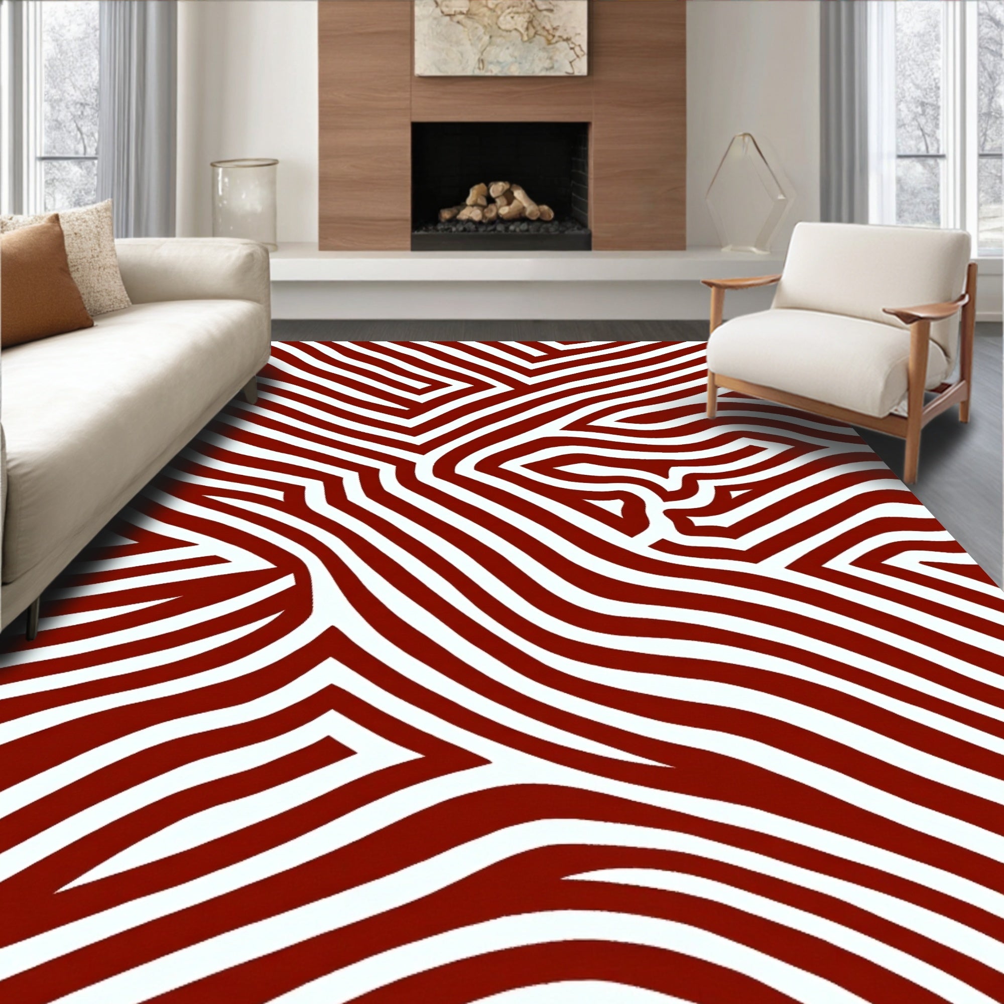 Bold Red White Abstract Lines Rug
