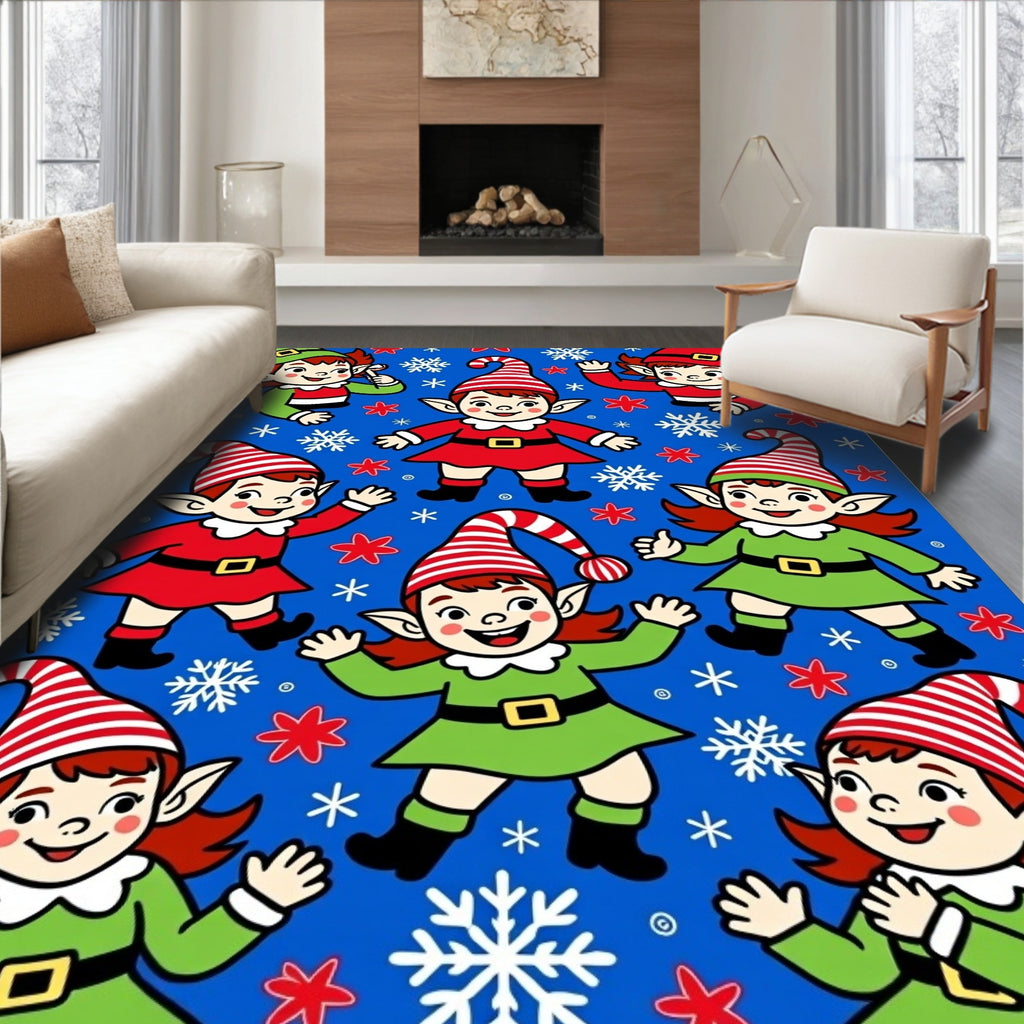 Christmas Elves With Snowflakes Blue Rug