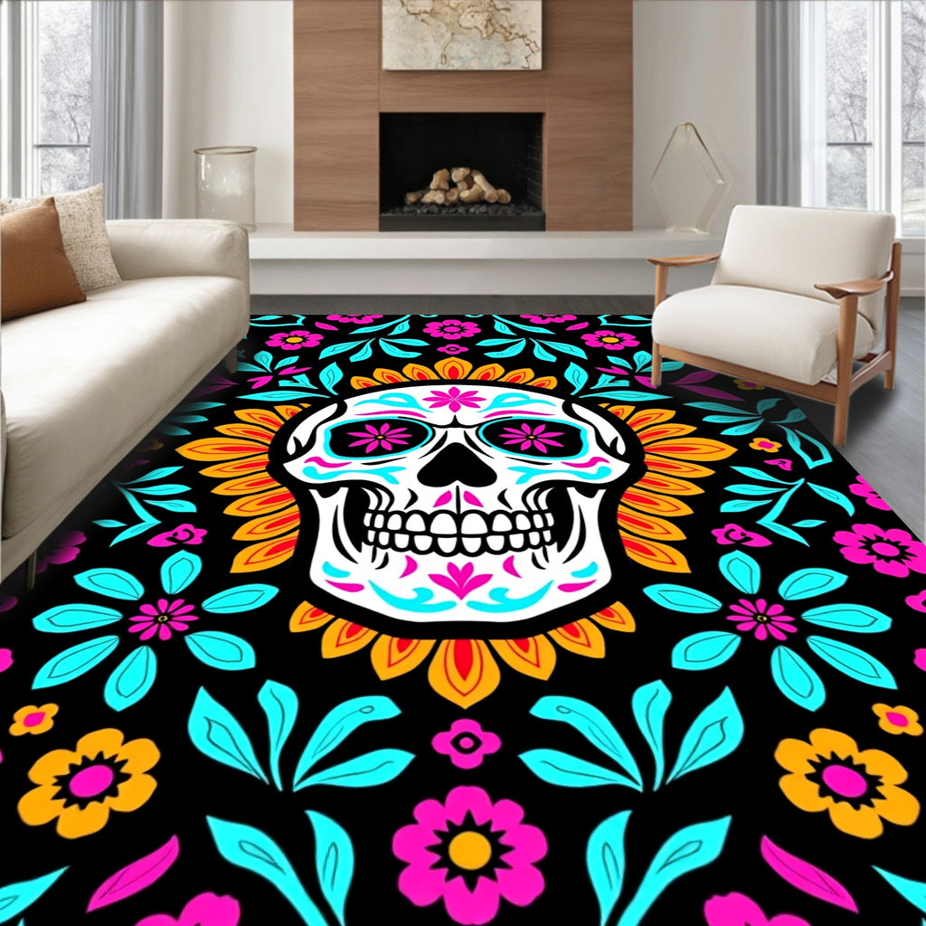Vibrant Skull Floral Medallion Art Rug