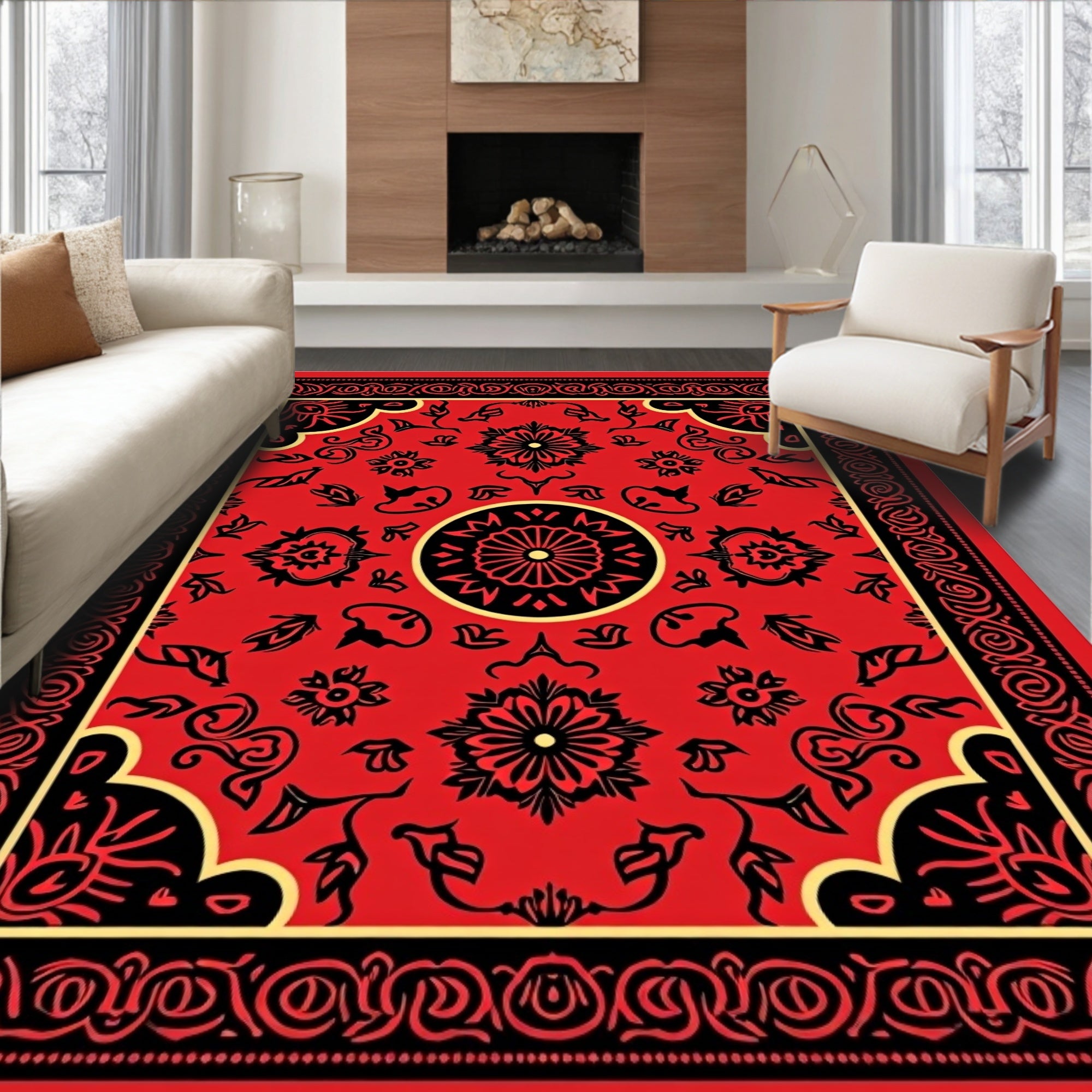 Traditional Red Black Floral Medallion Rug