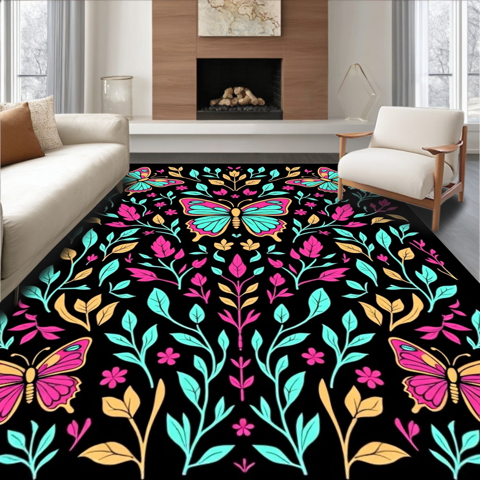 Colorful Butterfly Floral Garden Design Rug