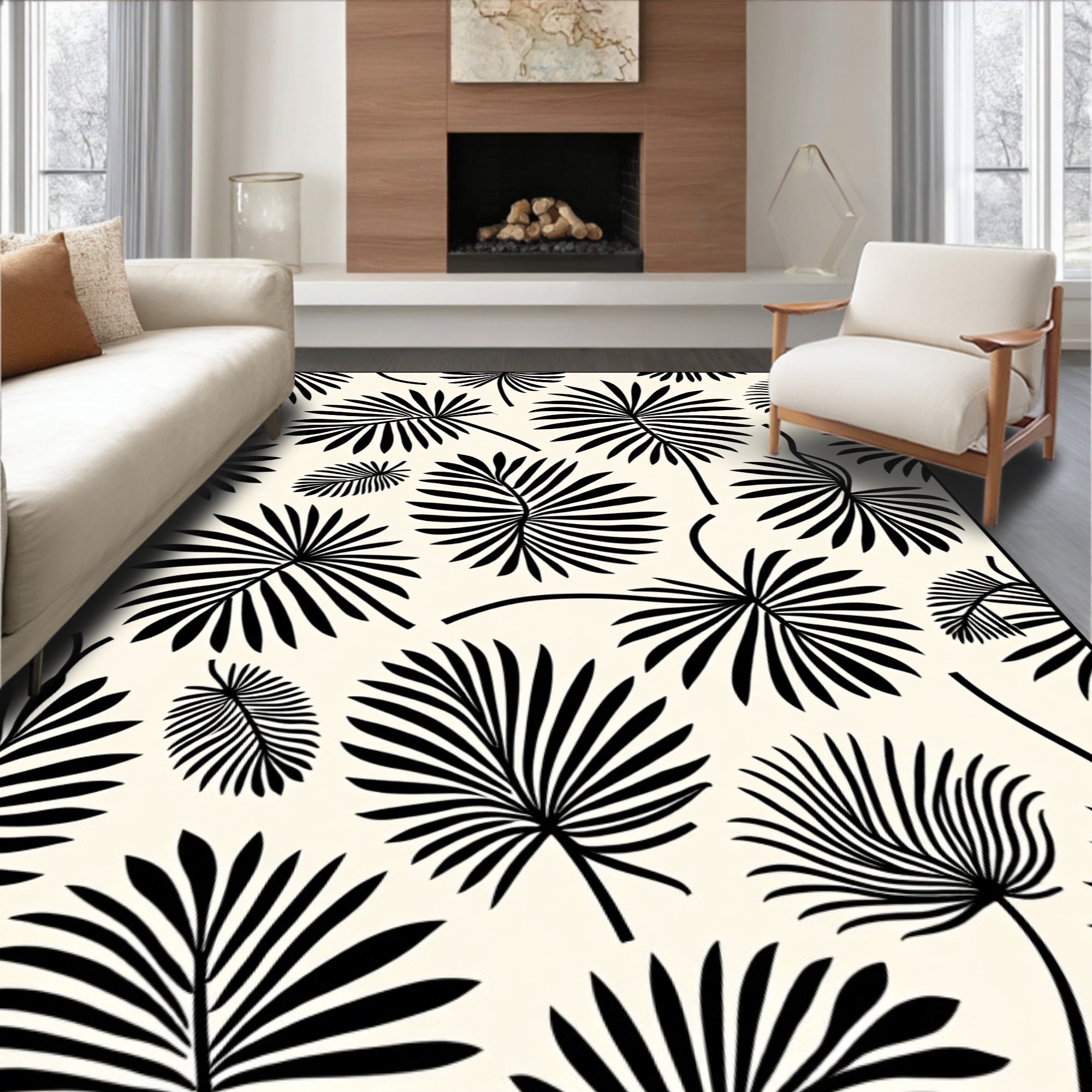 Black Wide Palm Leaf Print Design Rug
