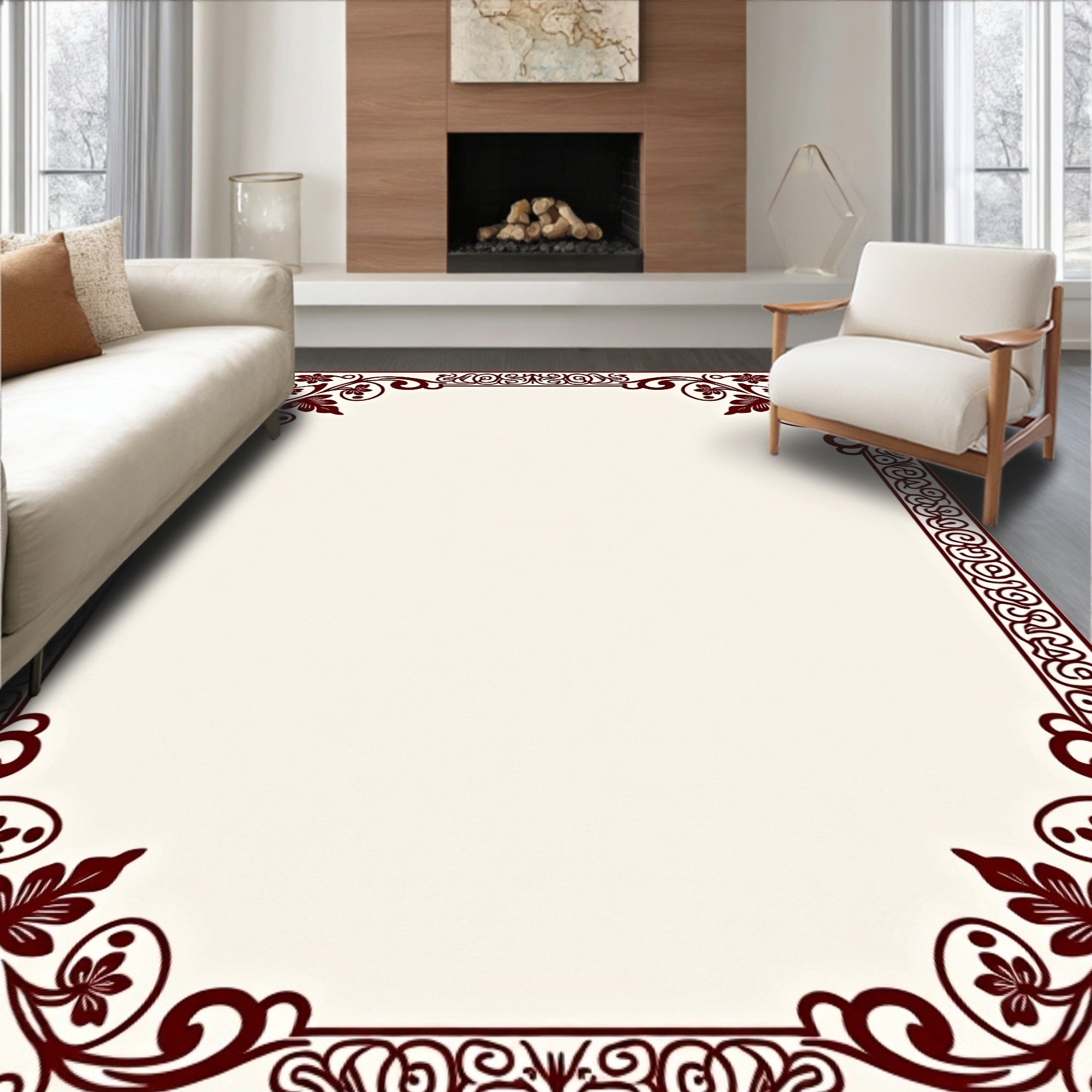 Ornate Floral Scroll Border Rug
