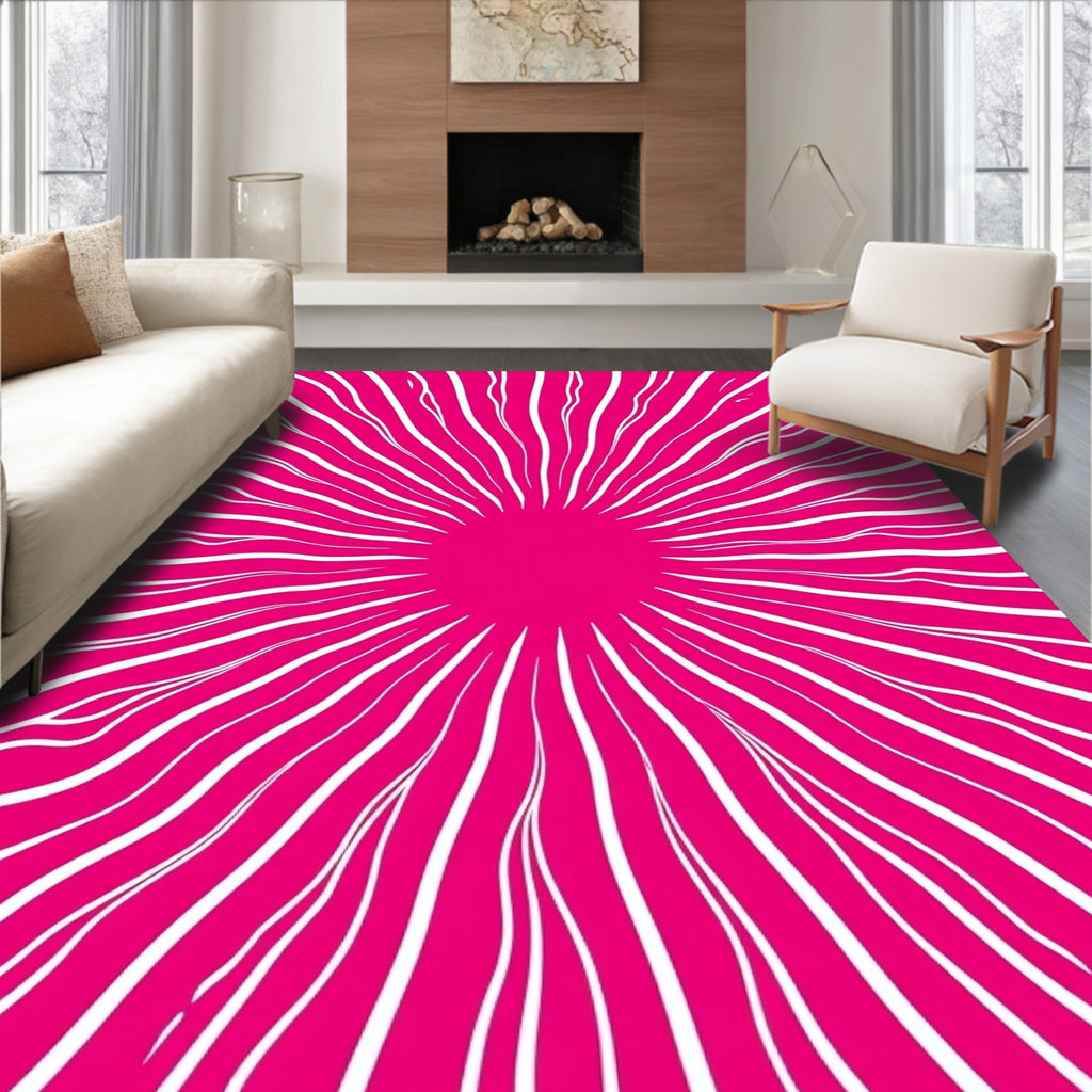 Radiant Pink White Abstract Sunburst Rug